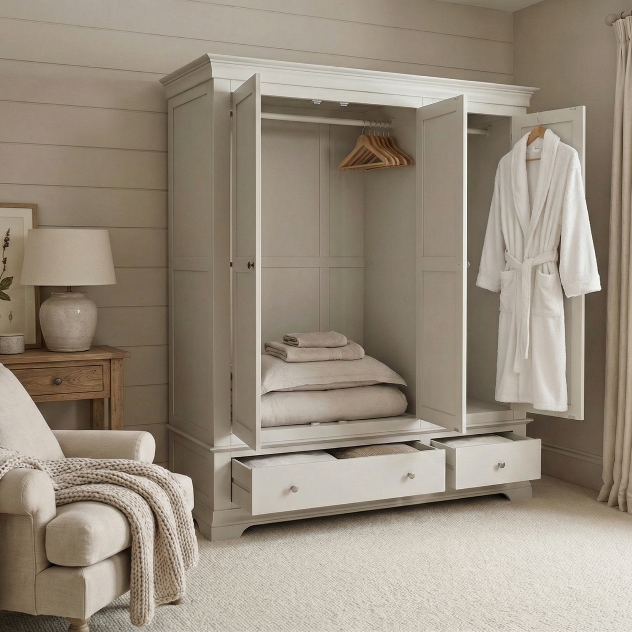 A white robe hangs from a wooden hanger in an open Chalbury Triple Wardrobe in Pebble Grey, beside neatly folded linens.
