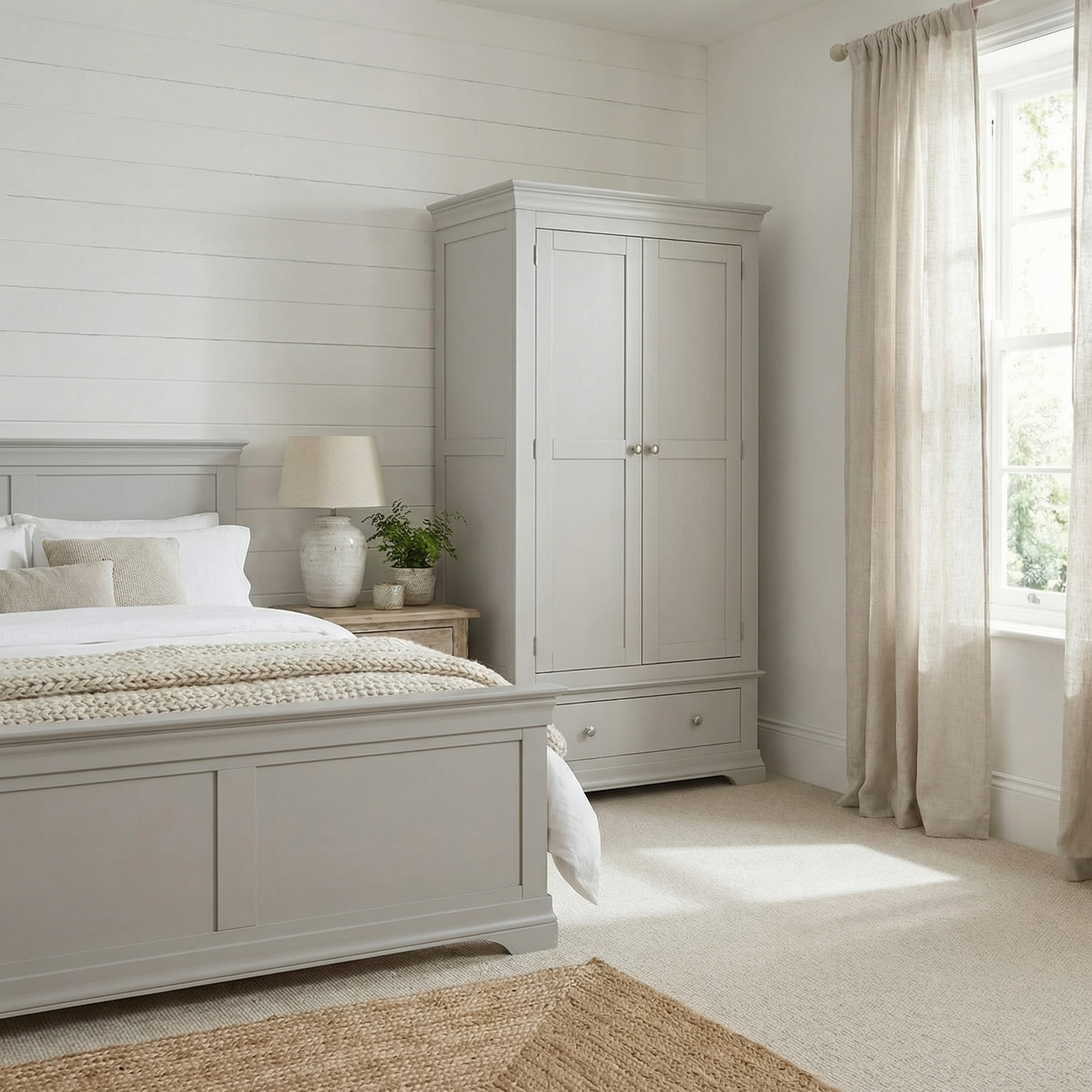 Bright bedroom with a grey bed, Chalbury Double Wardrobe in Pebble Grey for stylish storage, matching nightstand and lamp, plus beige curtains by the window.