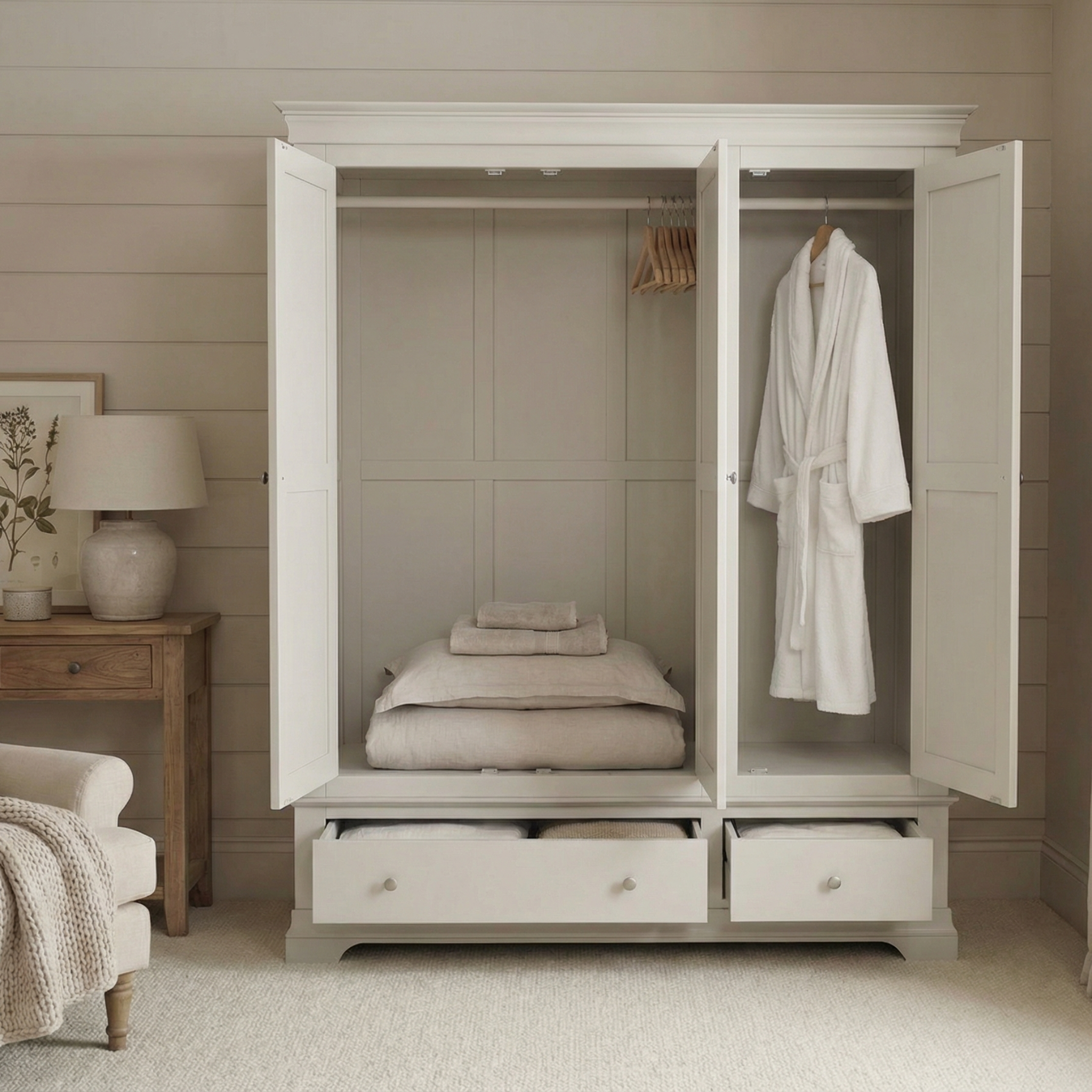The Chalbury Triple Wardrobe in Pebble Grey, shown with open doors, features hanging space, shelves for folded linens, and two drawers—making it the perfect addition to a cozy bedroom.
