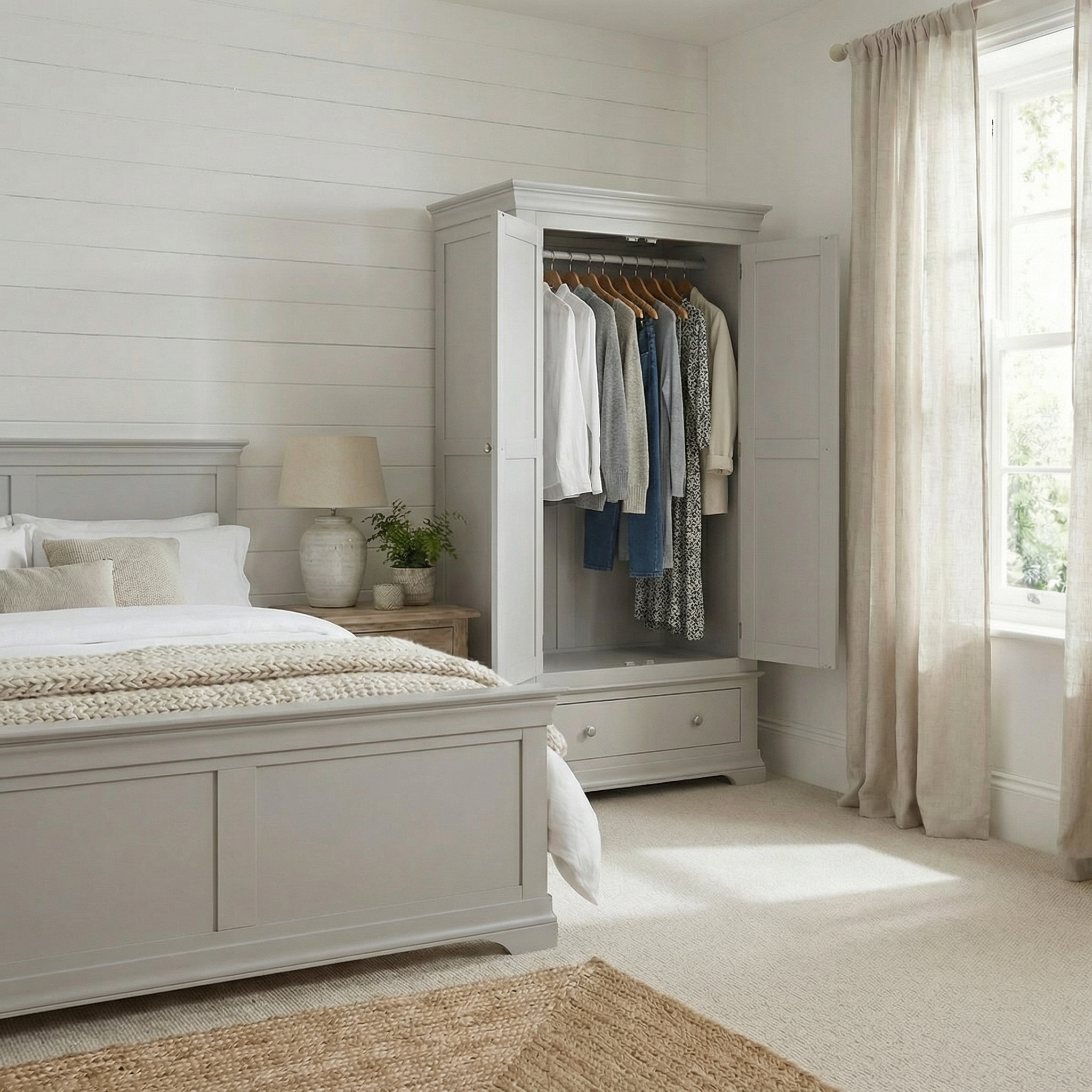 A bright bedroom includes a bed, light curtains by the window, and smart storage with a Chalbury Double Wardrobe in Pebble Grey showcasing hanging clothes.