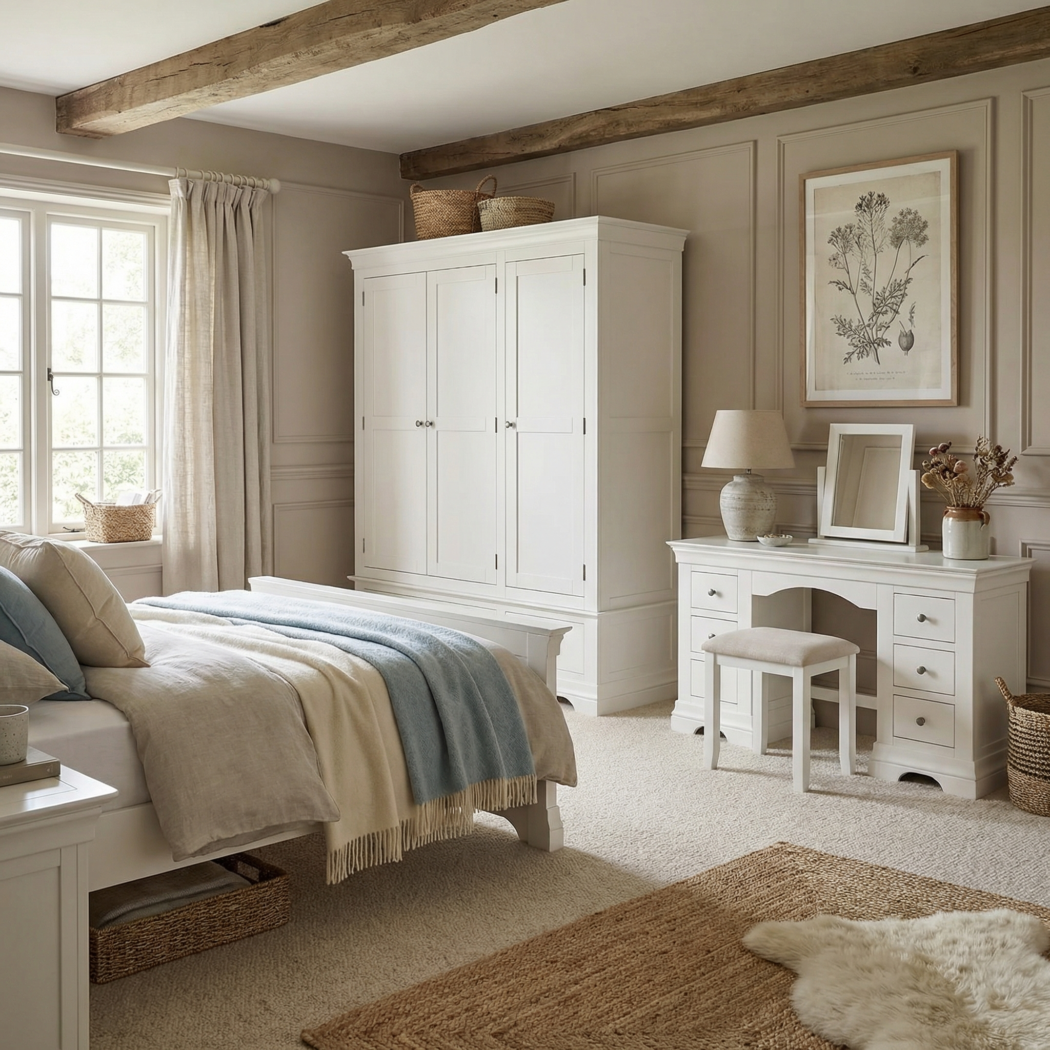 A cozy beige bedroom with a bed, vanity, and abundant natural light from a large window features the spacious Chalbury Triple Wardrobe in Warm White for exceptional storage.