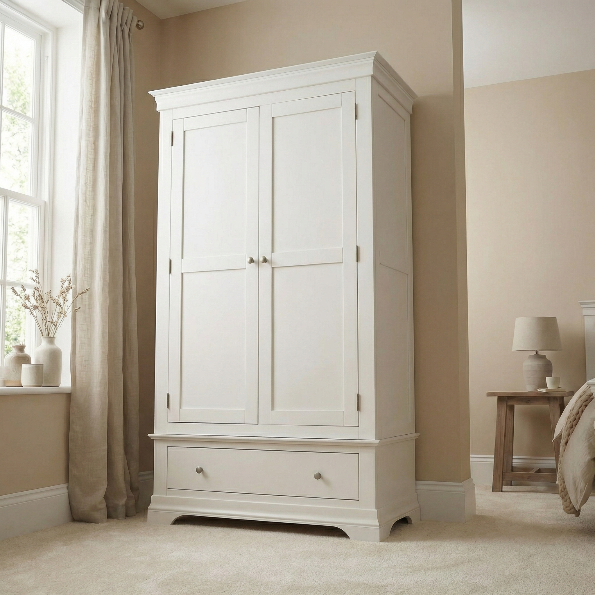 The Chalbury Double Wardrobe in Warm White, featuring a drawer, is placed in a beige bedroom with light curtains and modern furniture, creating a calm, neutral atmosphere.