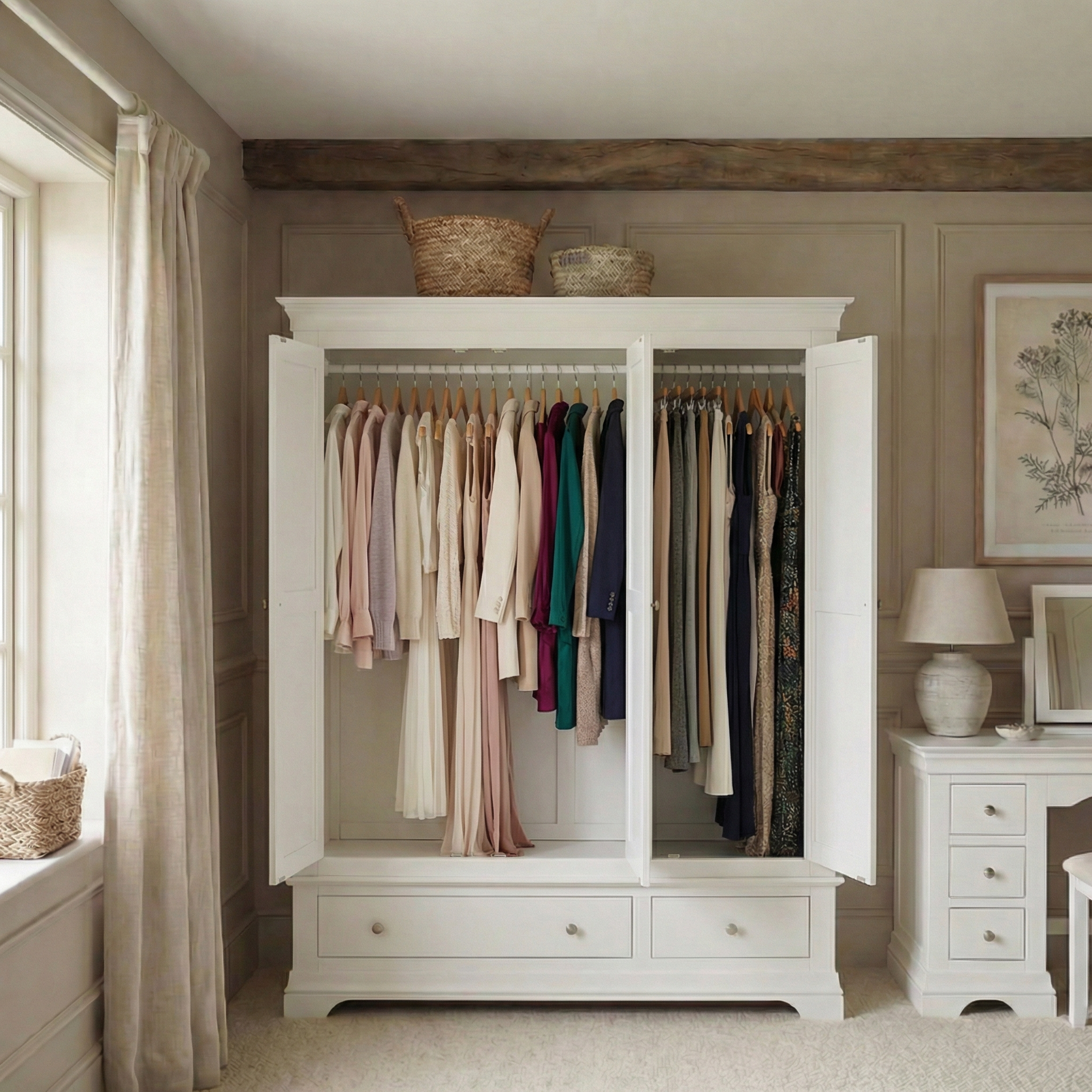 The Chalbury Triple Wardrobe in Warm White offers elegant bedroom storage with neatly hung clothes, baskets on top, and drawers below for a bright, stylish space.