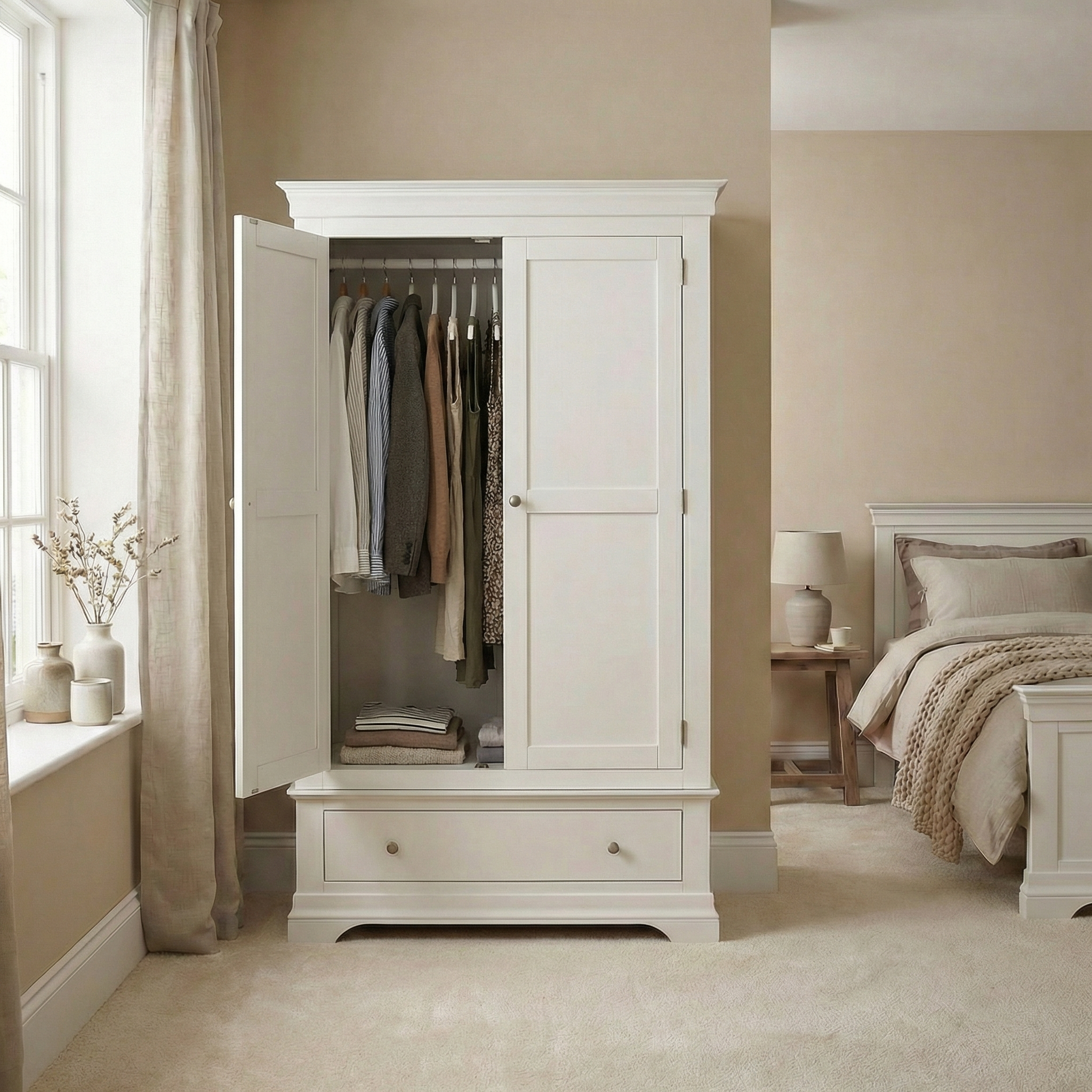 The Chalbury Double Wardrobe in Warm White is shown with its doors open, revealing hanging clothes in a beige bedroom accented by a modern bed and nightstand, adding elegance to the contemporary space.