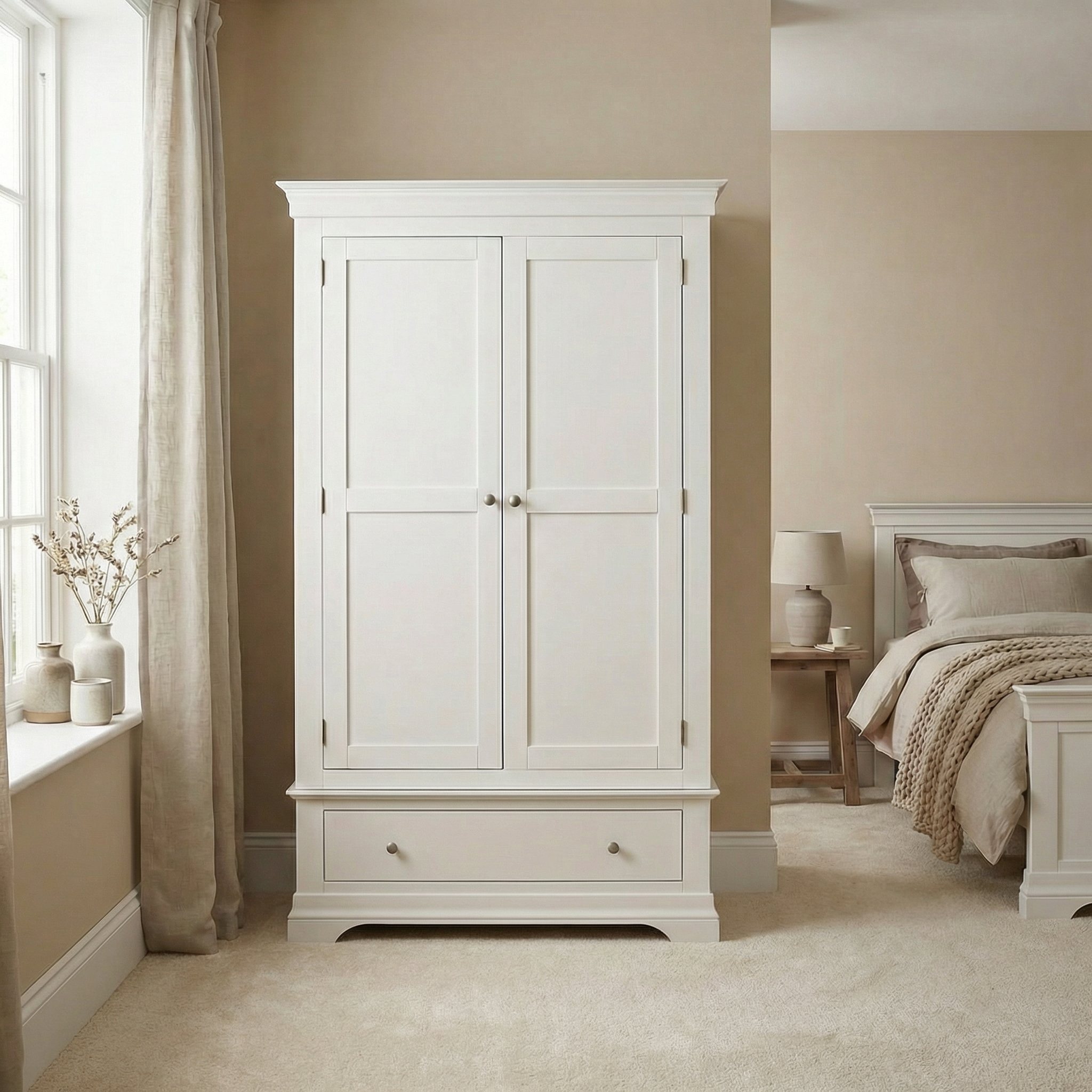 The Chalbury Double Wardrobe in Warm White, featuring two doors and a drawer, brings charm to this neutral-toned bedroom and complements other contemporary pieces like the bed and nightstand.
