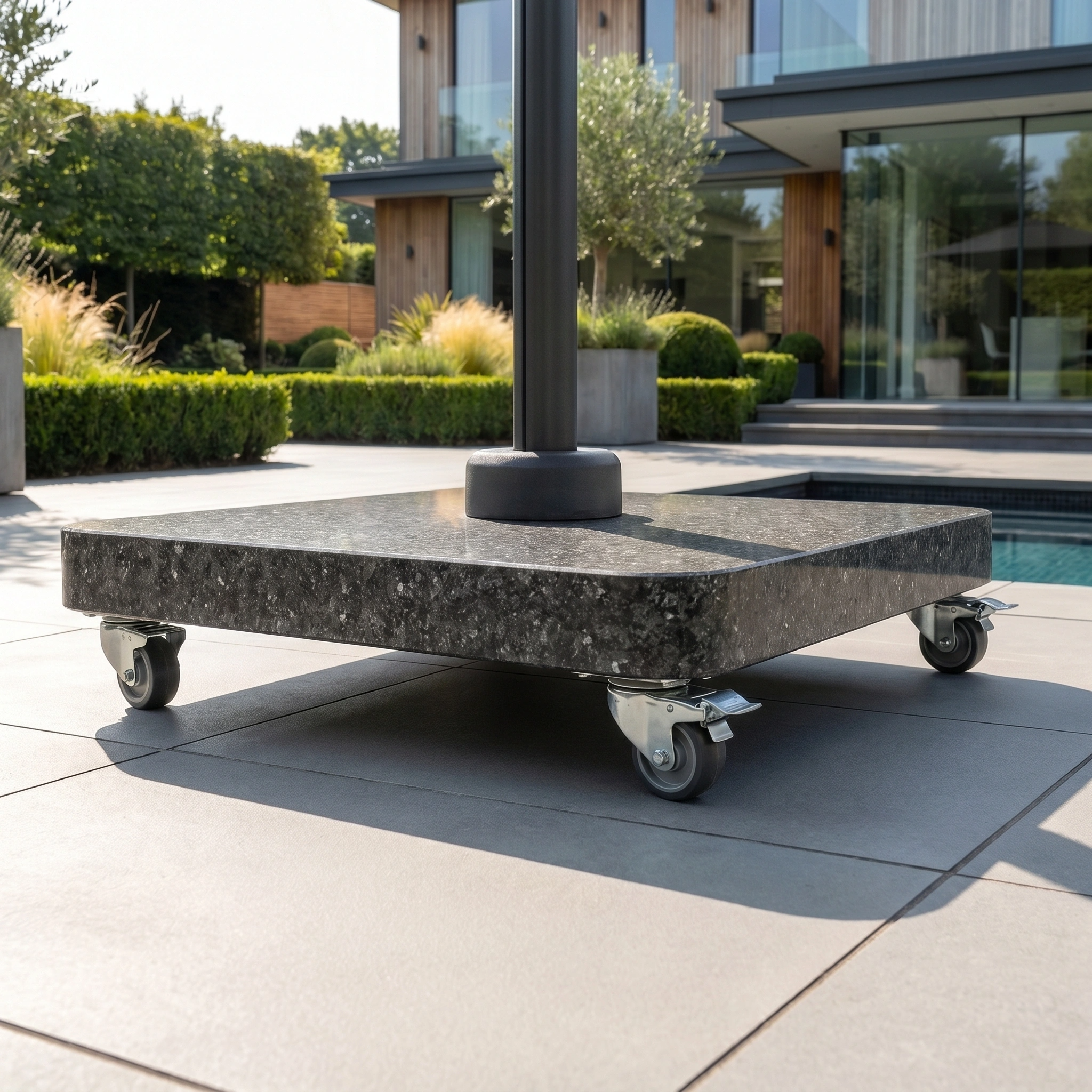 The Challenger T2 Premium 3.5m x 2.6m Rectangular Cantilever Parasol in Black stands on a wheeled base by the pool, featuring 360-degree rotation against a modern house and lush green backdrop.