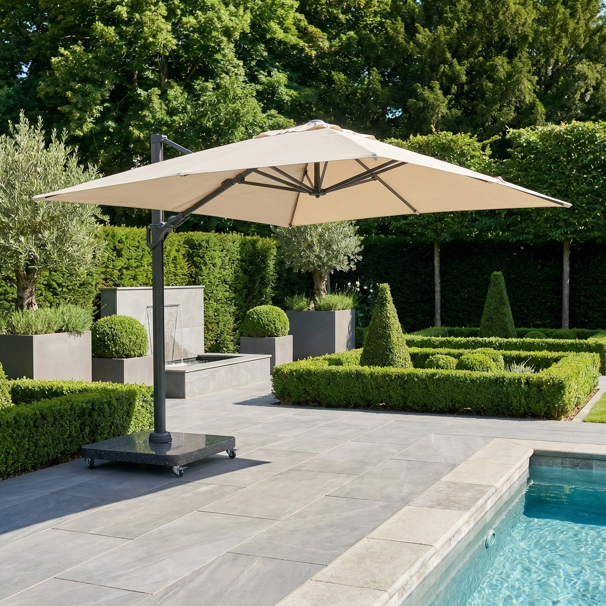 The Challenger T2 Premium 3.5m x 2.6m Rectangular Cantilever Parasol in Champagne provides stylish poolside shade amid manicured hedges and lush green trees.