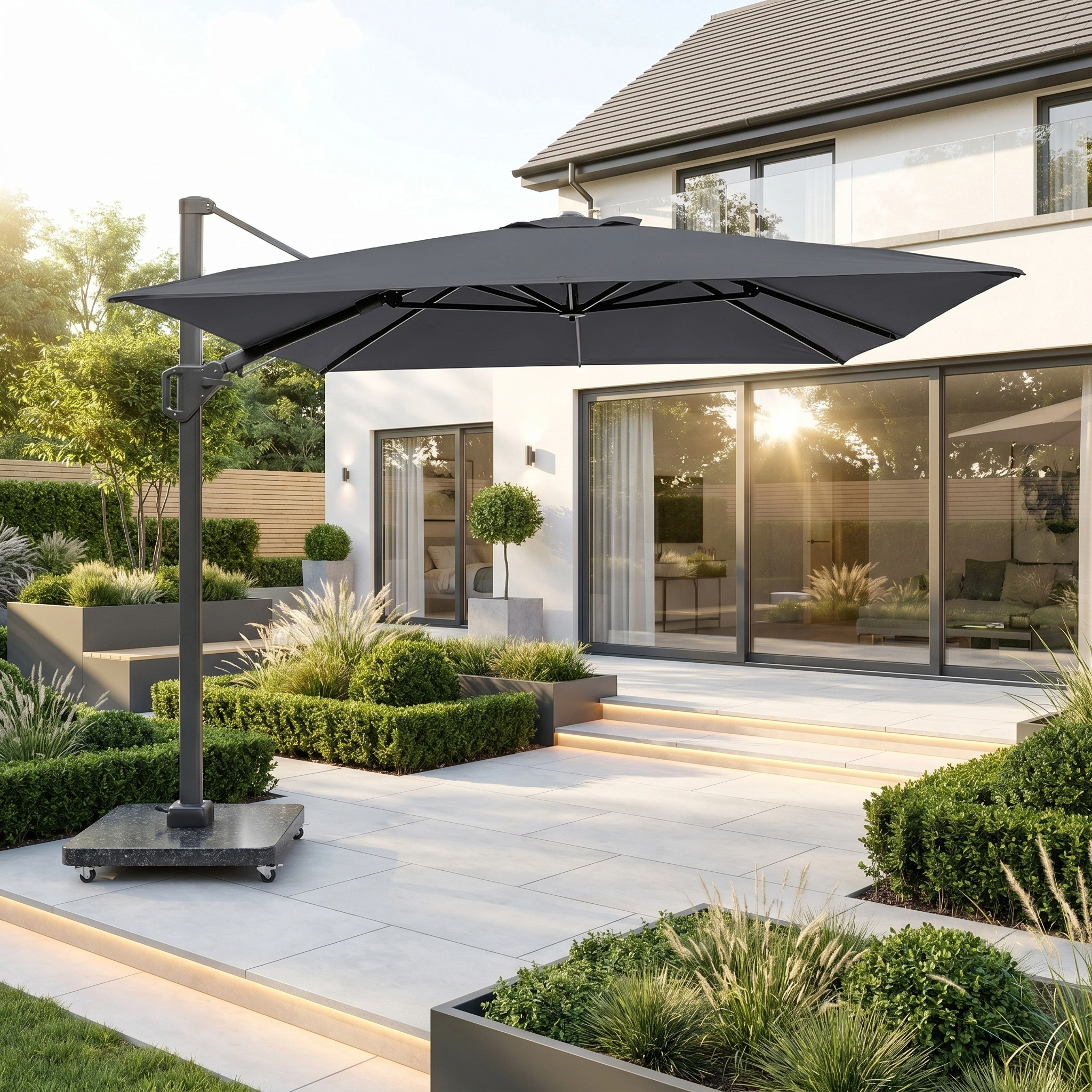 Modern patio with the Challenger T2 3.5m x 2.6m Rectangular Cantilever Parasol in Anthracite (90kg granite base) offering UV protection, stone tiles, lush greenery, and a glass-walled house in the background.