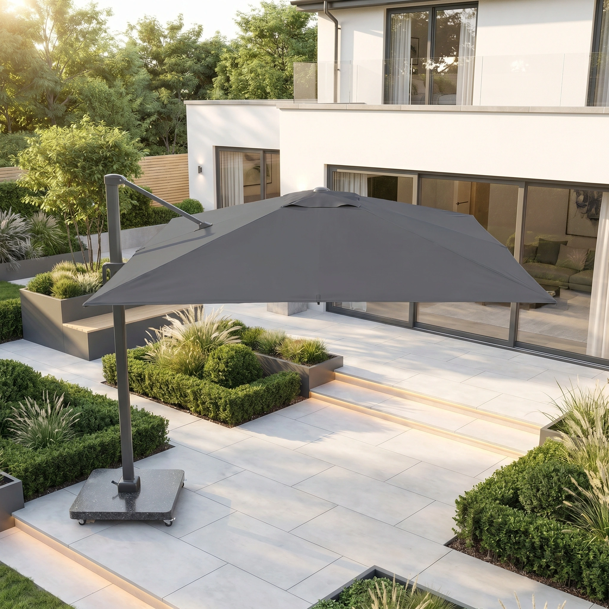 The Challenger T2 3.5m x 2.6m Rectangular Cantilever Parasol in Anthracite with a 90kg granite base shades a modern backyard filled with greenery, planters, and a contemporary house.