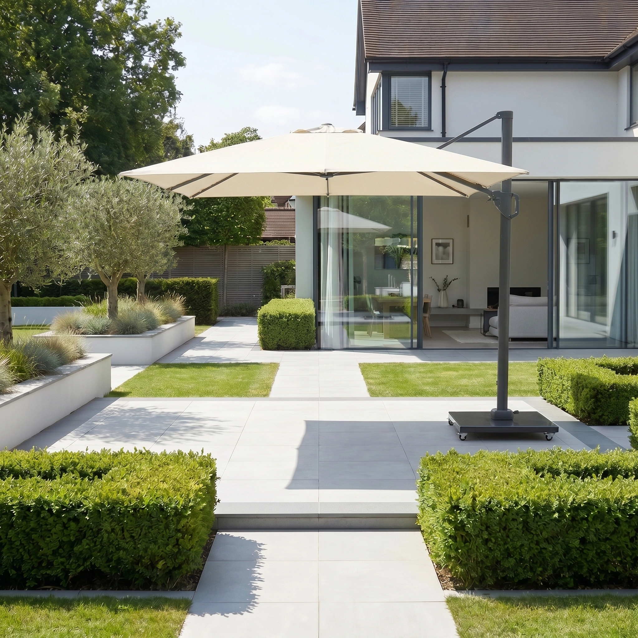 Modern backyard with the Challenger T2 3.5m x 2.6m Rectangular Cantilever Parasol in Champagne providing shade over the patio, manicured hedges, and sleek glass doors opening to the house.