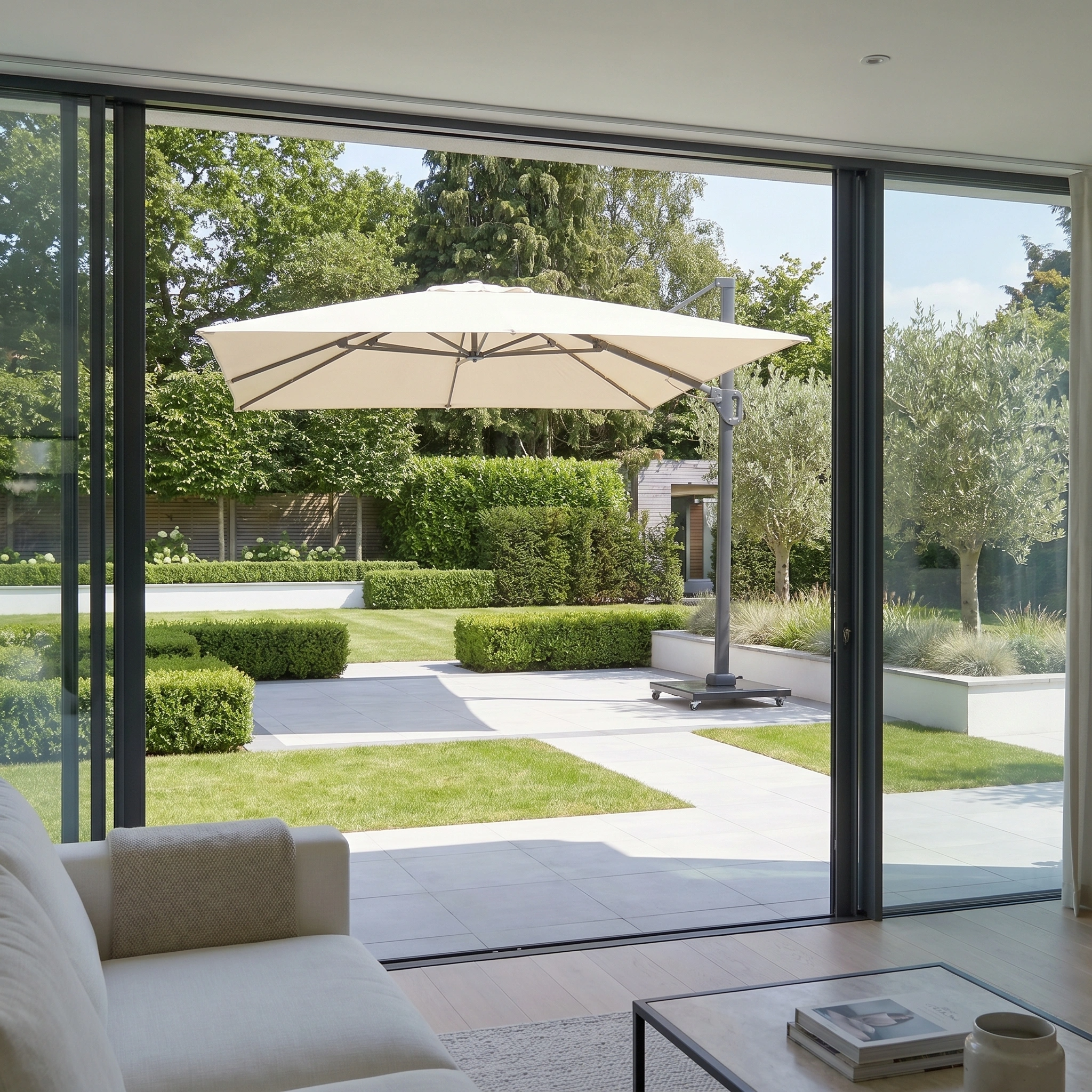 Modern living room with sliding glass doors opening to a sunny patio and garden, featuring the Challenger T2 3.5m x 2.6m Rectangular Cantilever Parasol in Champagne for ample outdoor shade.