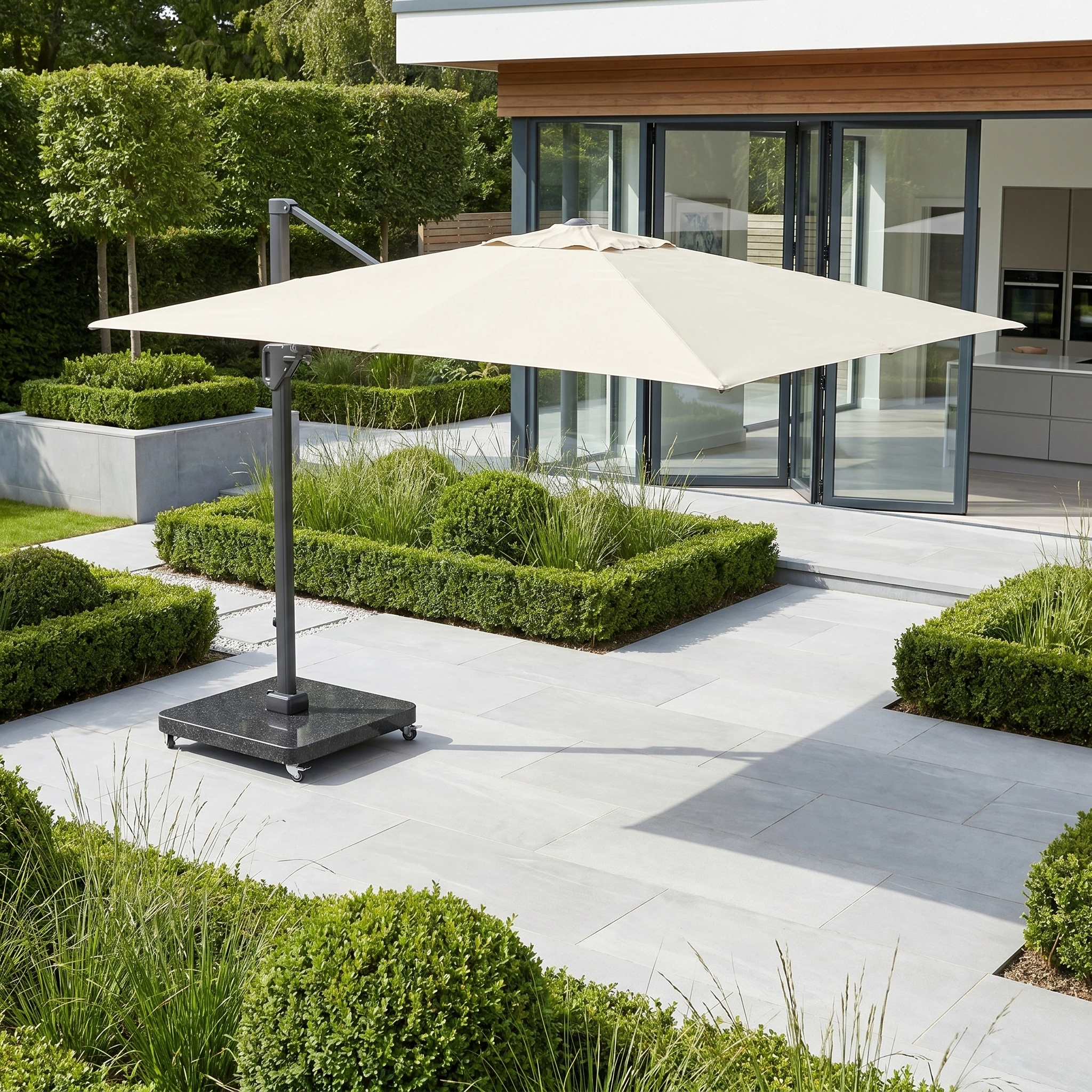 The Challenger T2 3.5m x 2.6m Rectangular Cantilever Parasol in Champagne offers stylish outdoor shade for a modern garden with neatly trimmed hedges and stone tiles.