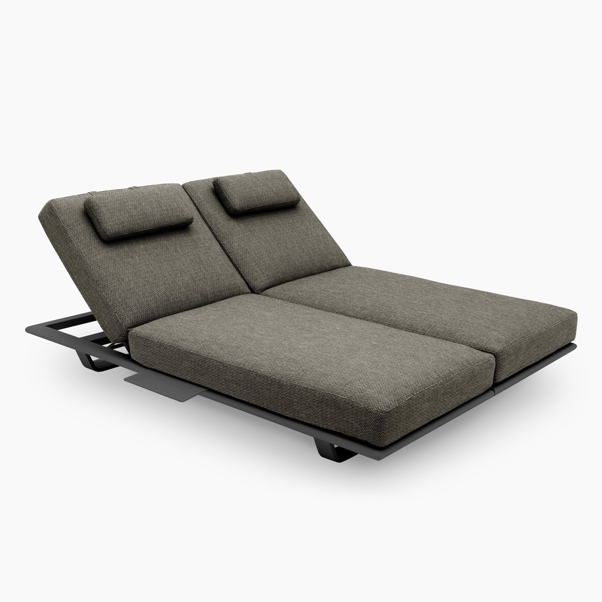 The Hatia Double Sun Lounger with Side Table in Charcoal is a contemporary adjustable recliner, featuring high-quality Olefin material in gray upholstery and individual headrests, all situated on a sleek black base.