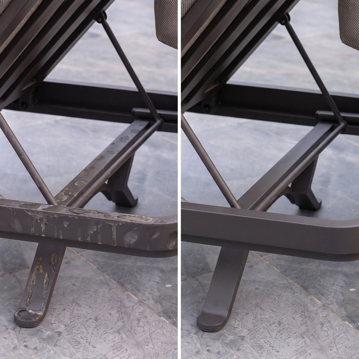 Side-by-side view of a metal chair leg before and after cleaning and restoration with Outdoor Aluminium Furniture Cleaner, displayed on a tiled floor.