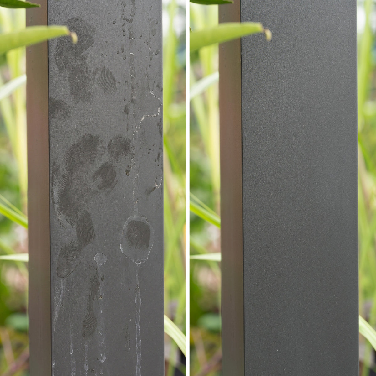 Side-by-side metal posts: the left marked with smudges and fingerprints, the right clean and spotless thanks to Outdoor Metal Pergola Cleaner. Green plants in the background.