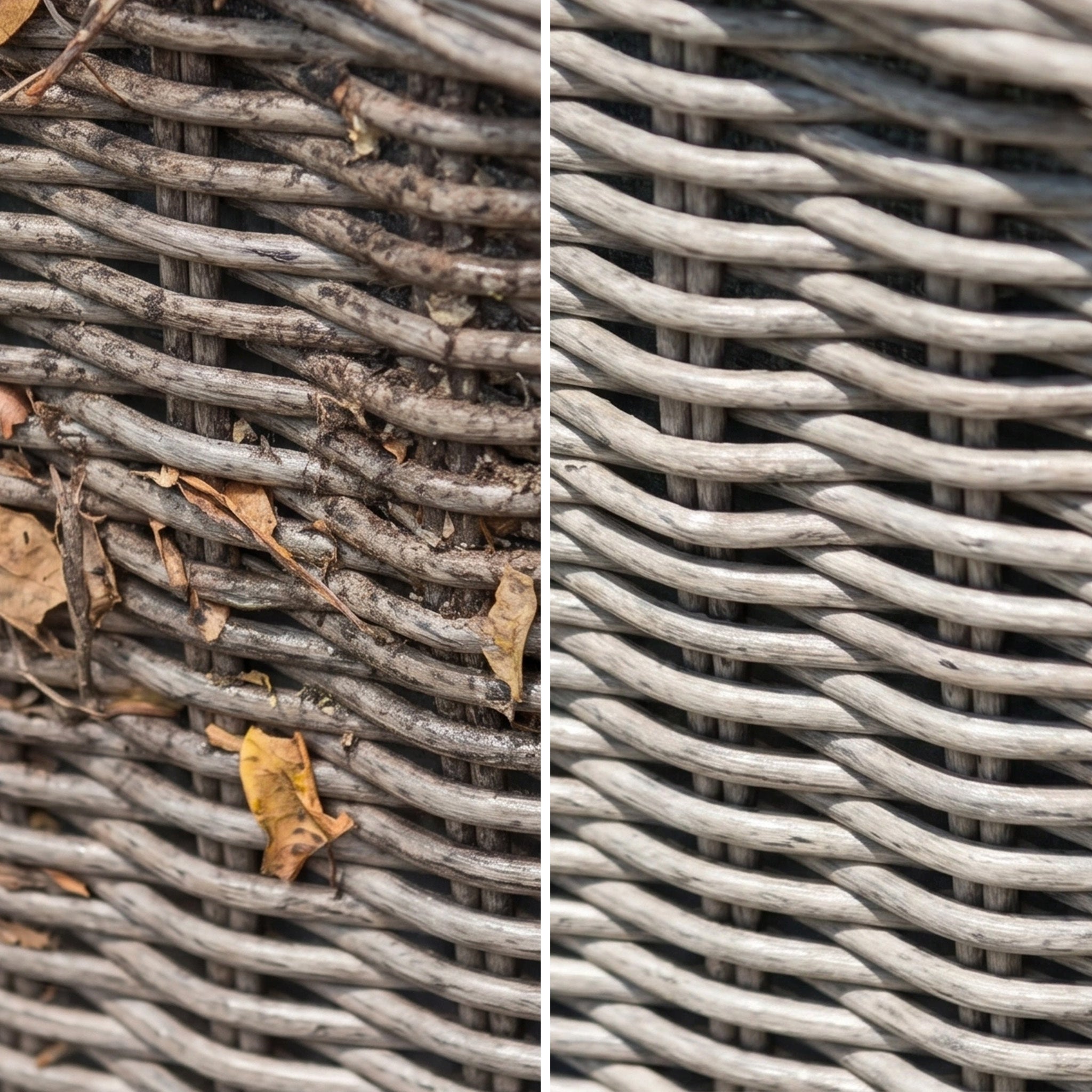 Split image of a wicker surface: one side dirty with leaves and grime, the other side clean and spotless after applying Wicker and Rattan Garden Furniture Cleaner. Perfect for demonstrating how easily this cleaner removes dirt and debris from your outdoor furniture.
