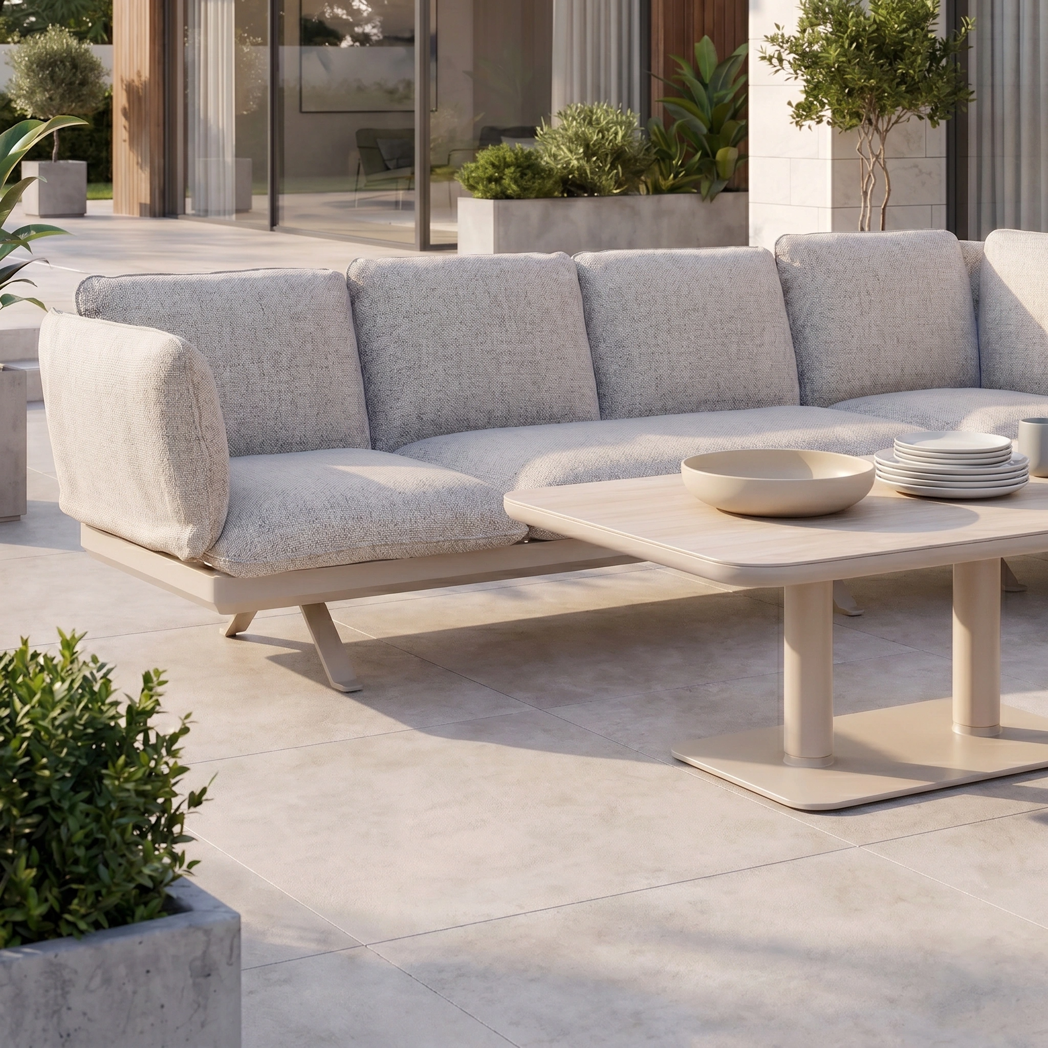 Modern outdoor patio featuring the Como Corner Sofa Set with Altura Rising Table in Oatmeal and potted plants on tiled flooring—perfect for those seeking refined outdoor luxury furniture.