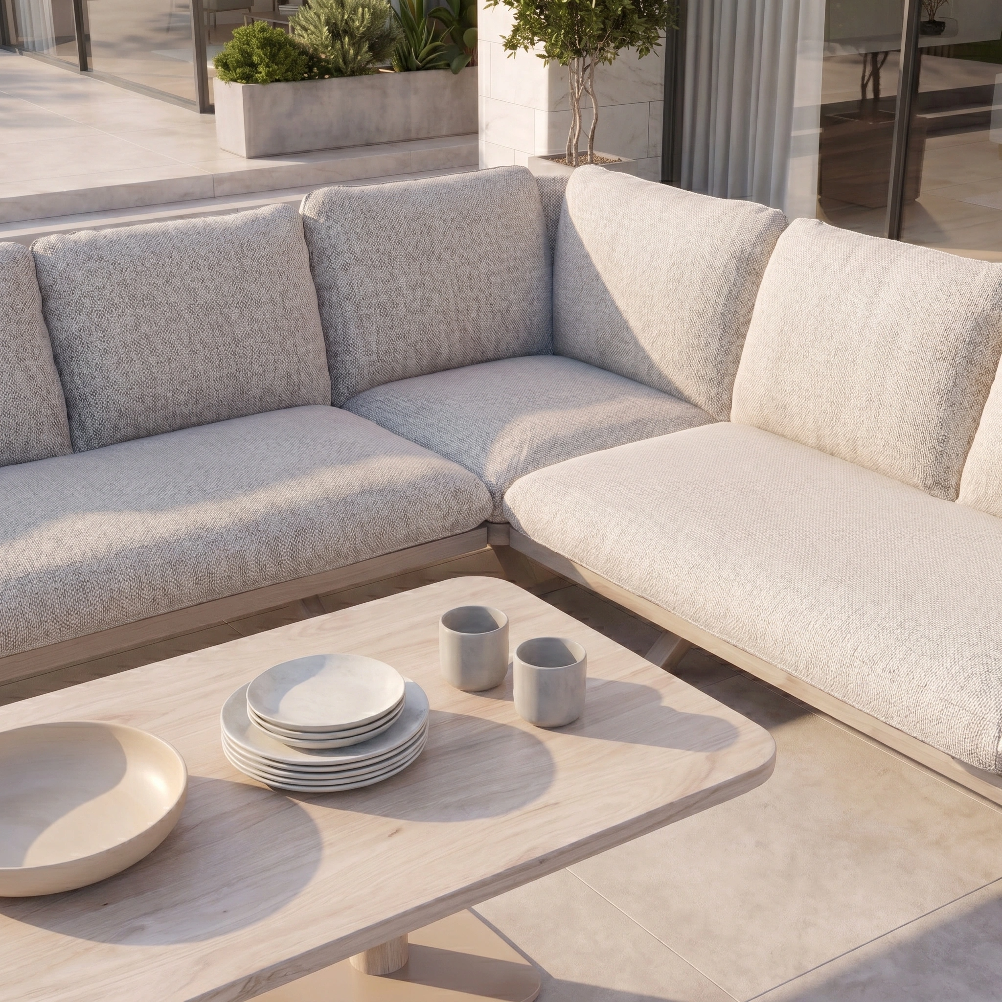 Como Corner Sofa Set with Altura Rising Table in Oatmeal, arranged with plates and mugs on a tiled patio—perfect for luxurious outdoor furniture settings.
