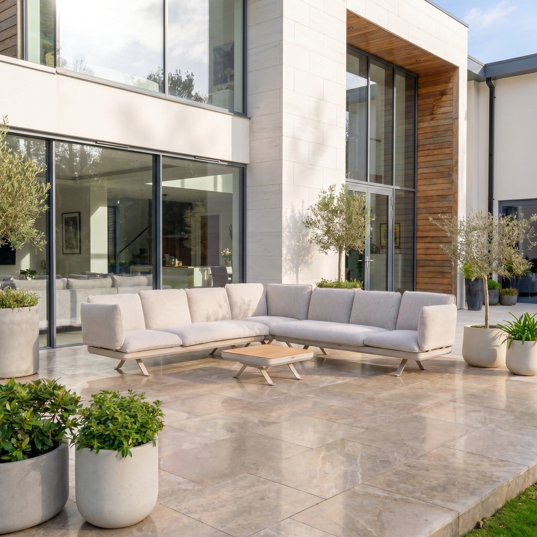 Modern outdoor patio with the Como Corner Sofa Set in Oatmeal, a coffee table, and potted plants on a tiled terrace by a glass house—blending modular outdoor furniture design with comfort.