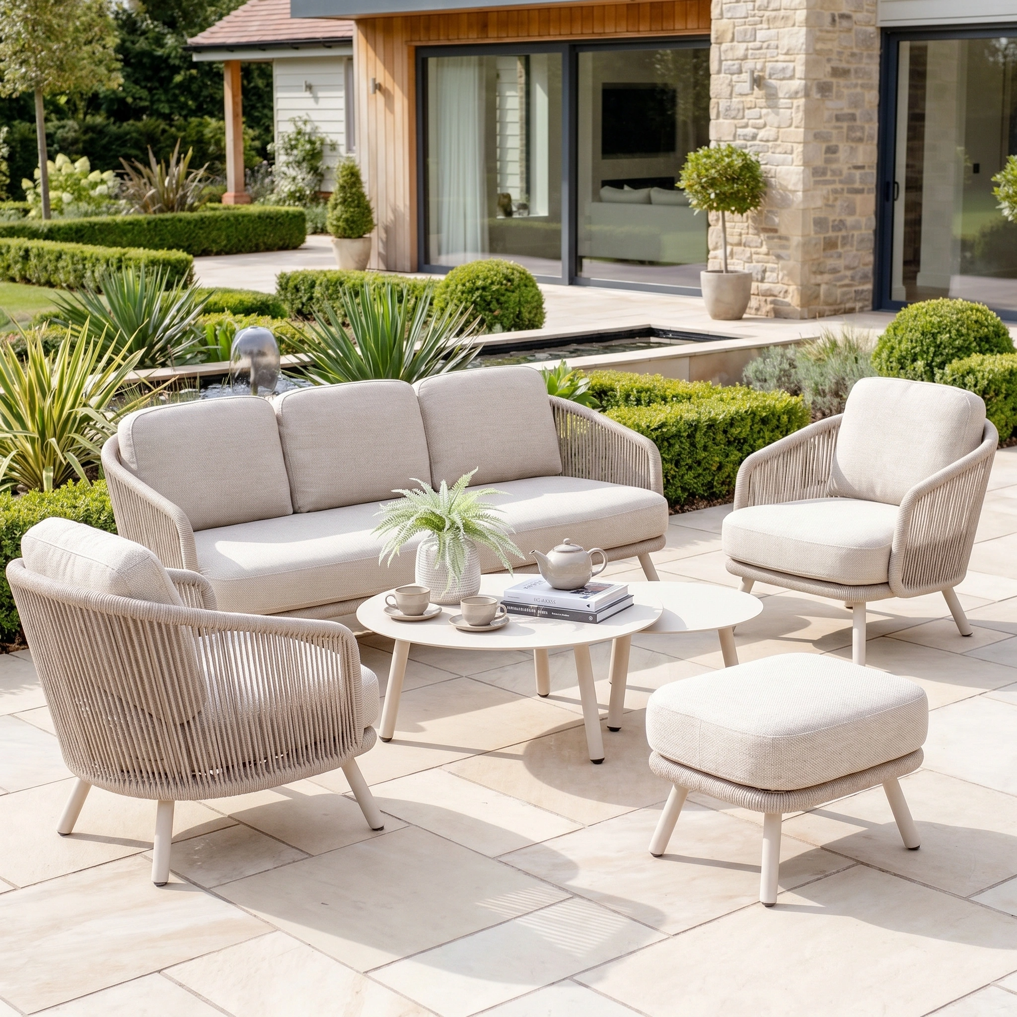 The Dekota 3 Seat Rope Sofa Set in Fawn includes a sofa, coffee tables, and footstool. Crafted for style and durability with solution-dyed olefin fabric, it’s ideal for modern patios or terraces.