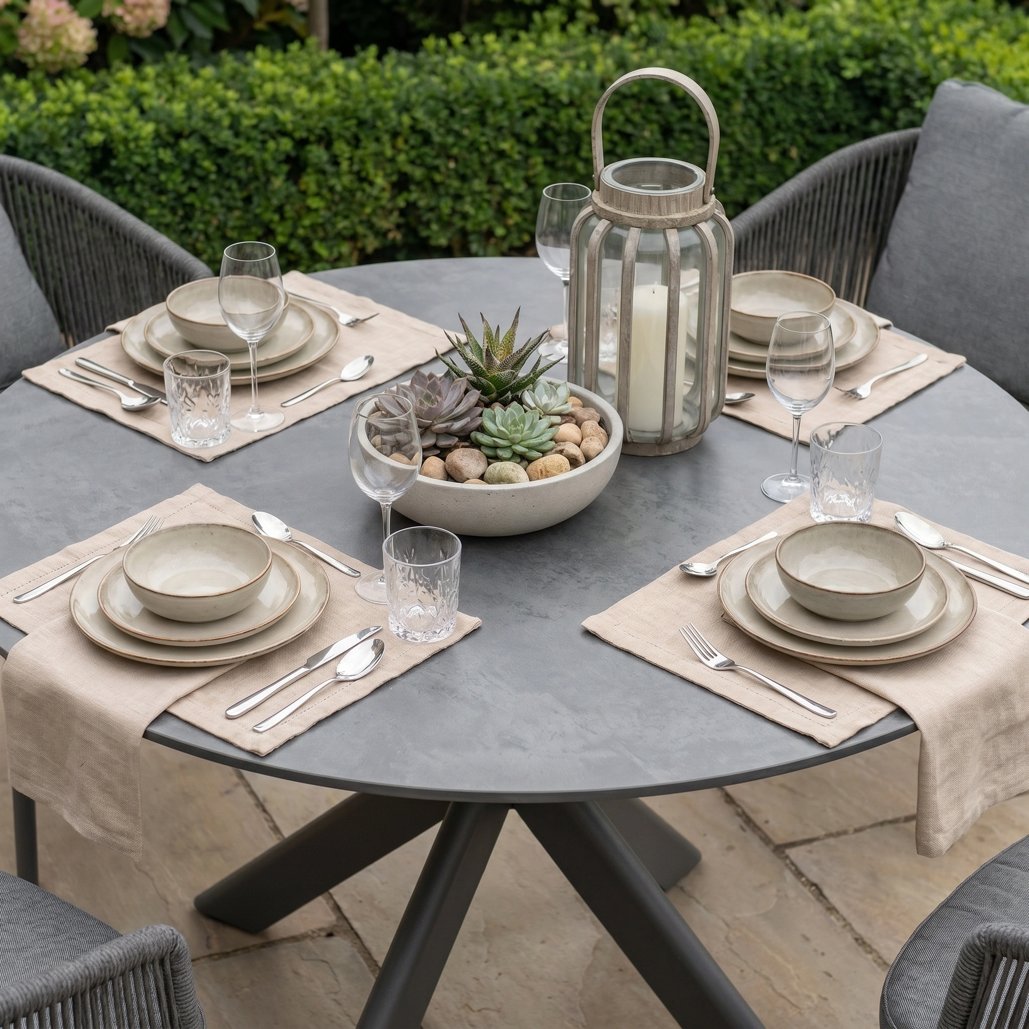 The Dekota 4 Seat Round Rope Dining Set with Albatross Table in Charcoal, styled with neutral tableware and a succulent centerpiece, creates the perfect outdoor dining area for four guests.