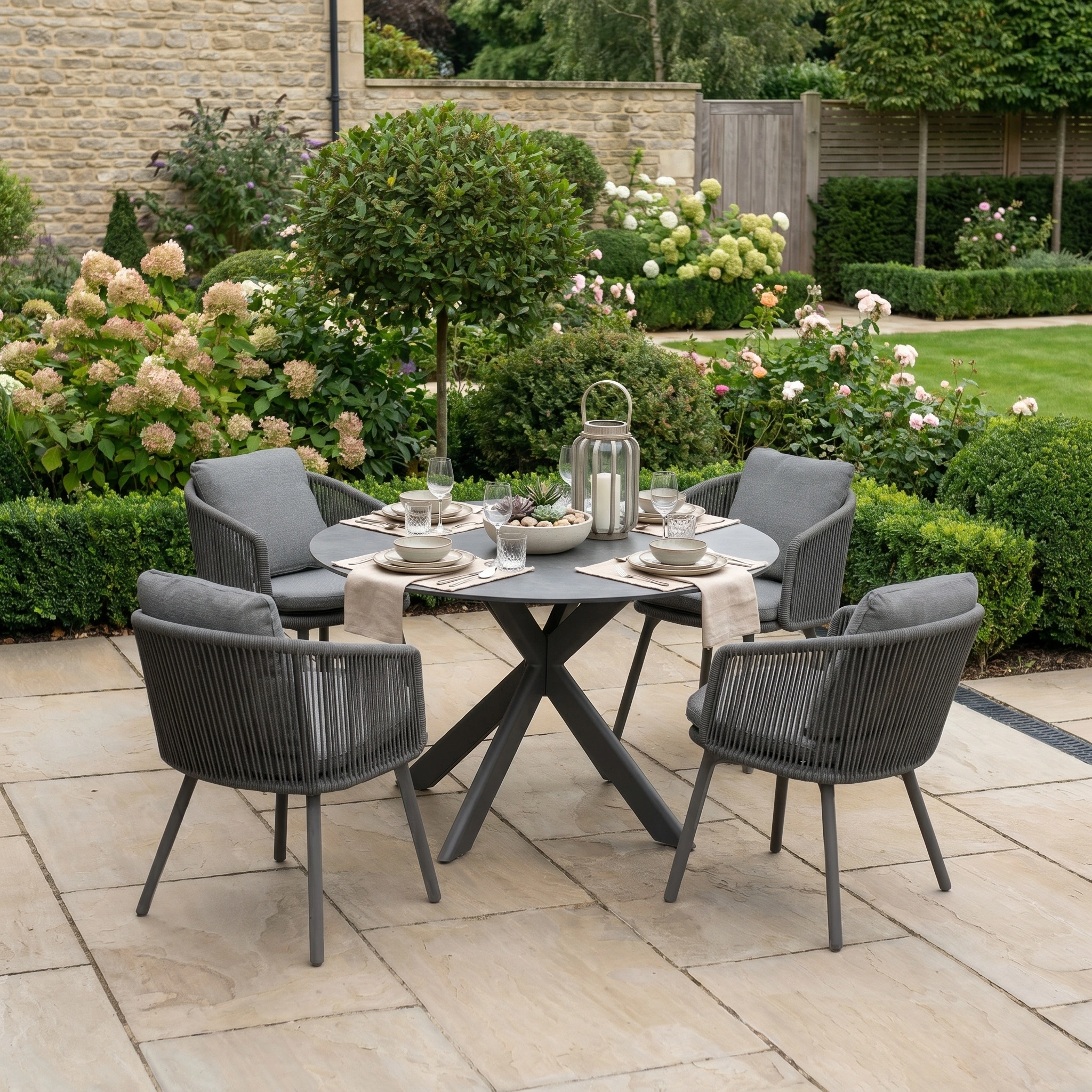 The Dekota 4 Seat Round Rope Dining Set with Albatross Table in Charcoal provides stylish and comfortable outdoor dining for any gathering, featuring four gray chairs and a sleek table on a stone patio in your garden.
