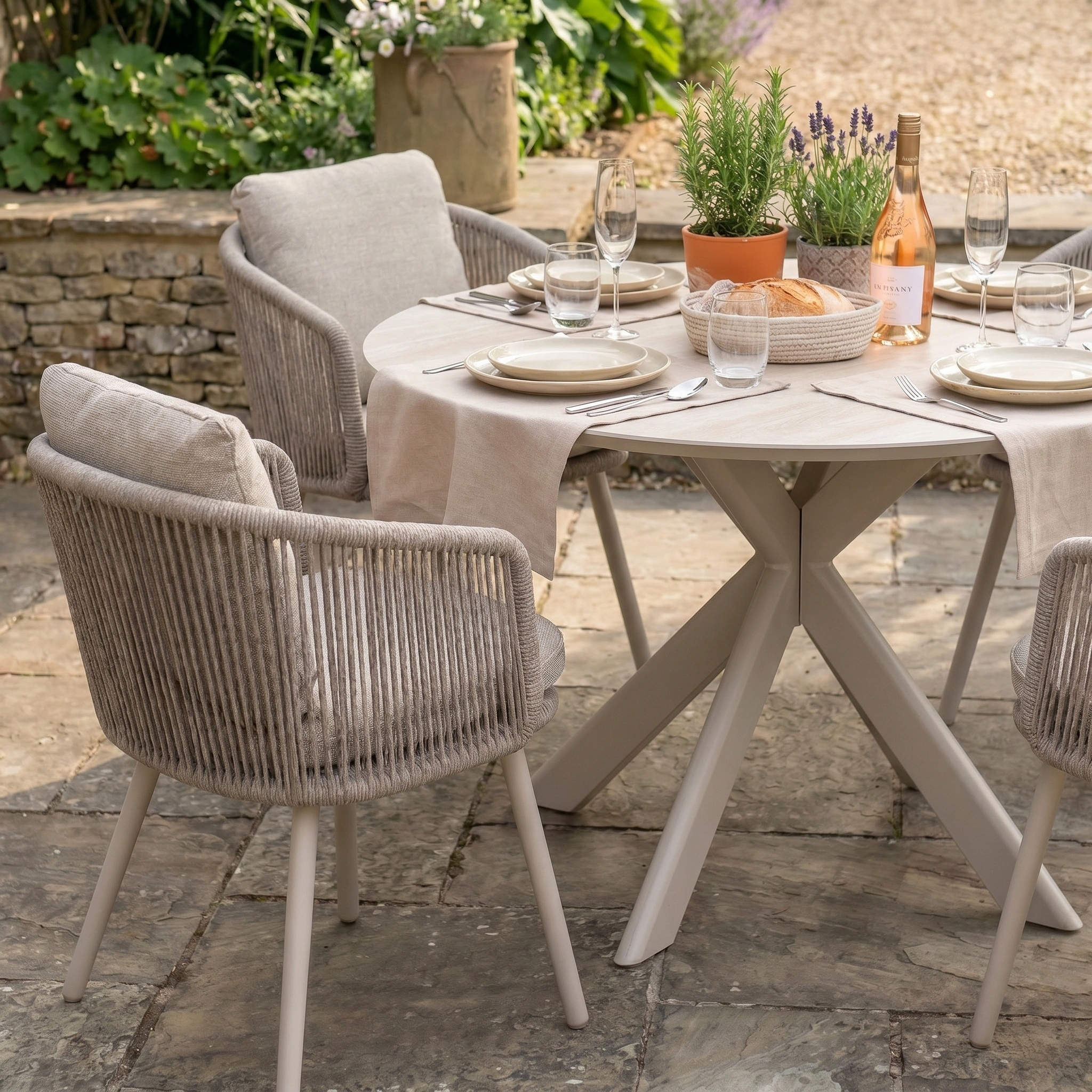 Enjoy outdoor dining with the Dekota 4 Seat Round Rope Dining Set with Albatross Table in Fawn—features a round table and four chairs, ideal for relaxing gatherings and stylish al fresco meals.