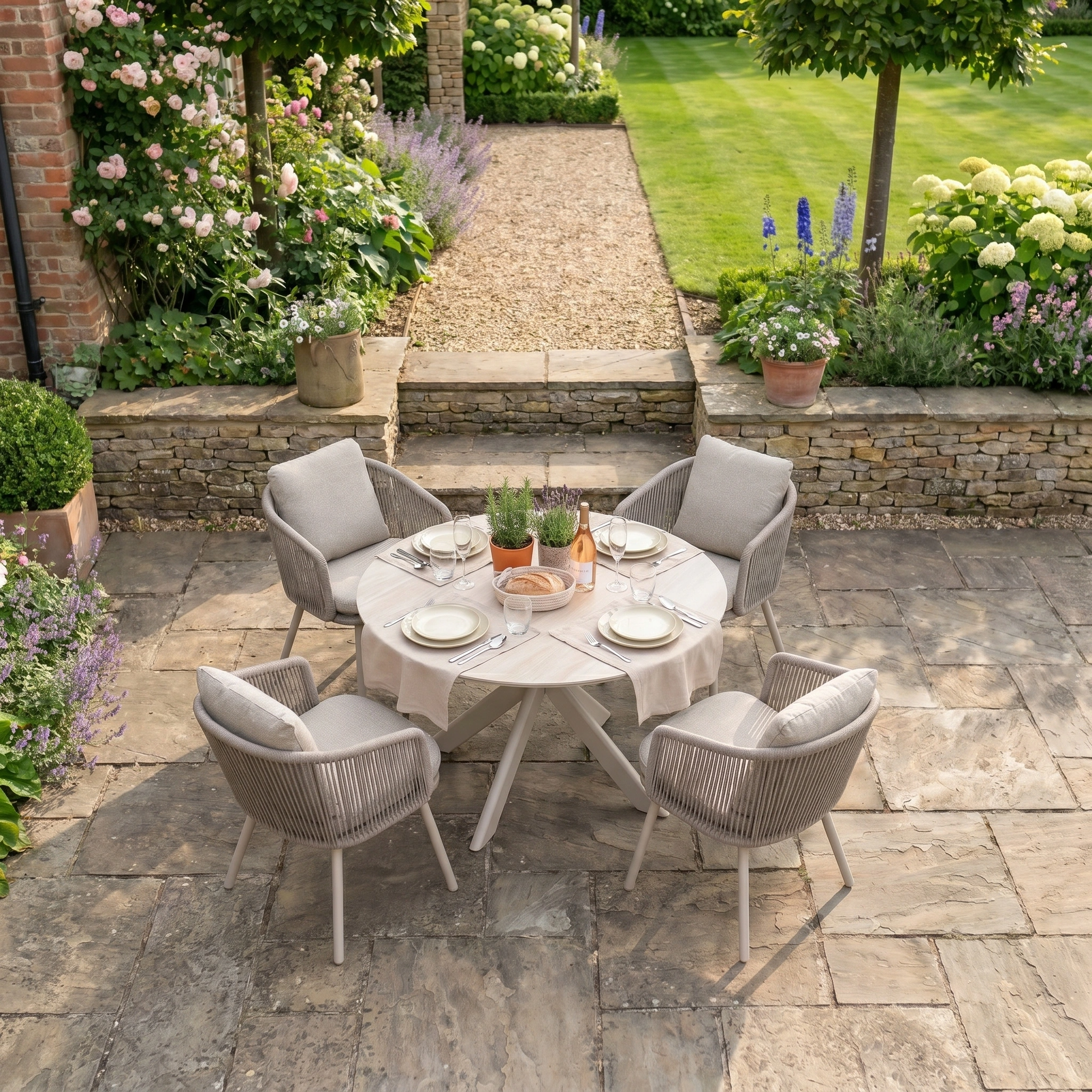 The Dekota 4 Seat Round Rope Dining Set with Albatross Table in Fawn creates the perfect outdoor dining space for meals in a garden surrounded by flowers and greenery.