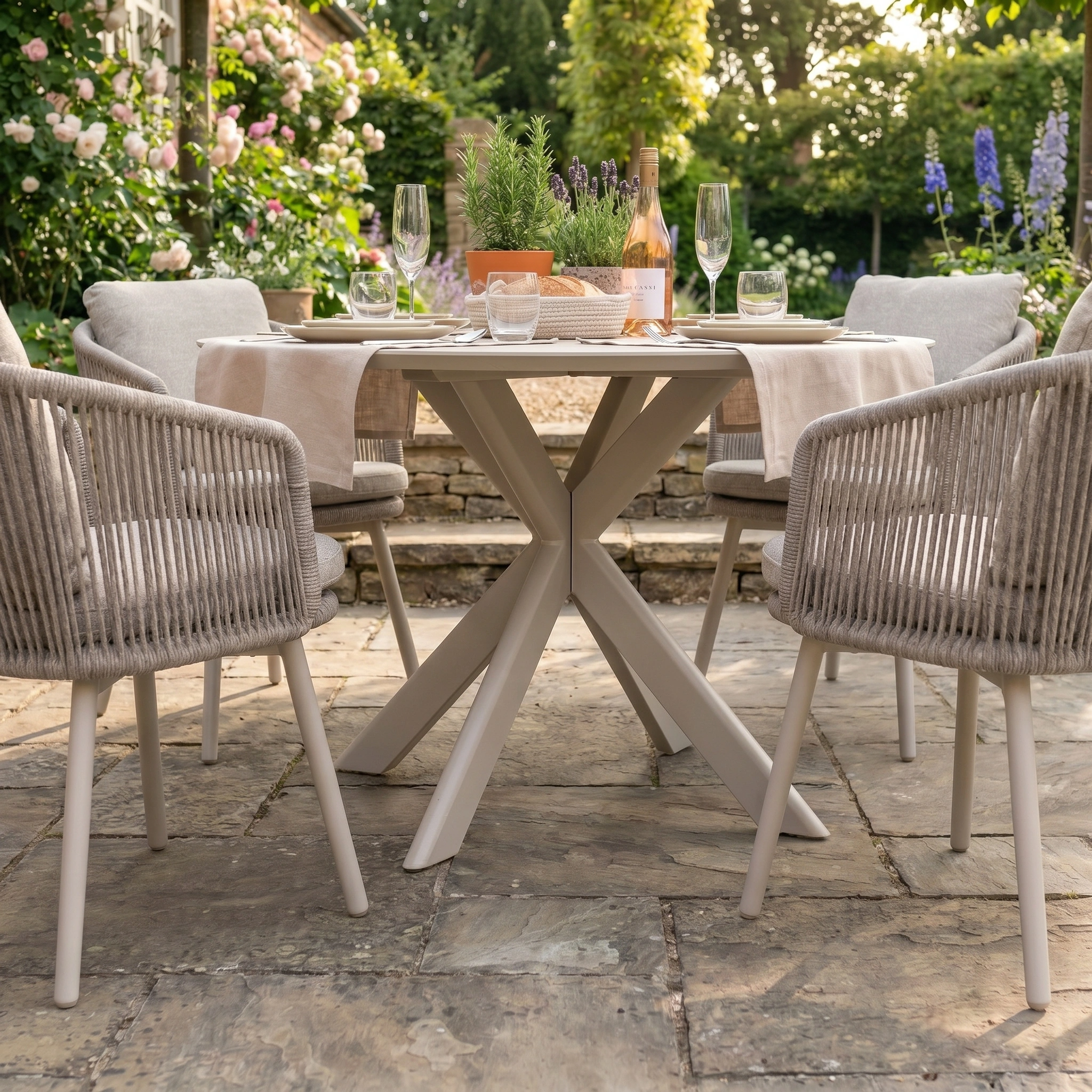 The Dekota 4 Seat Round Rope Dining Set with Albatross Table in Fawn is arranged for outdoor dining, surrounded by garden flowers and set with wine and glasses on a sunny day.