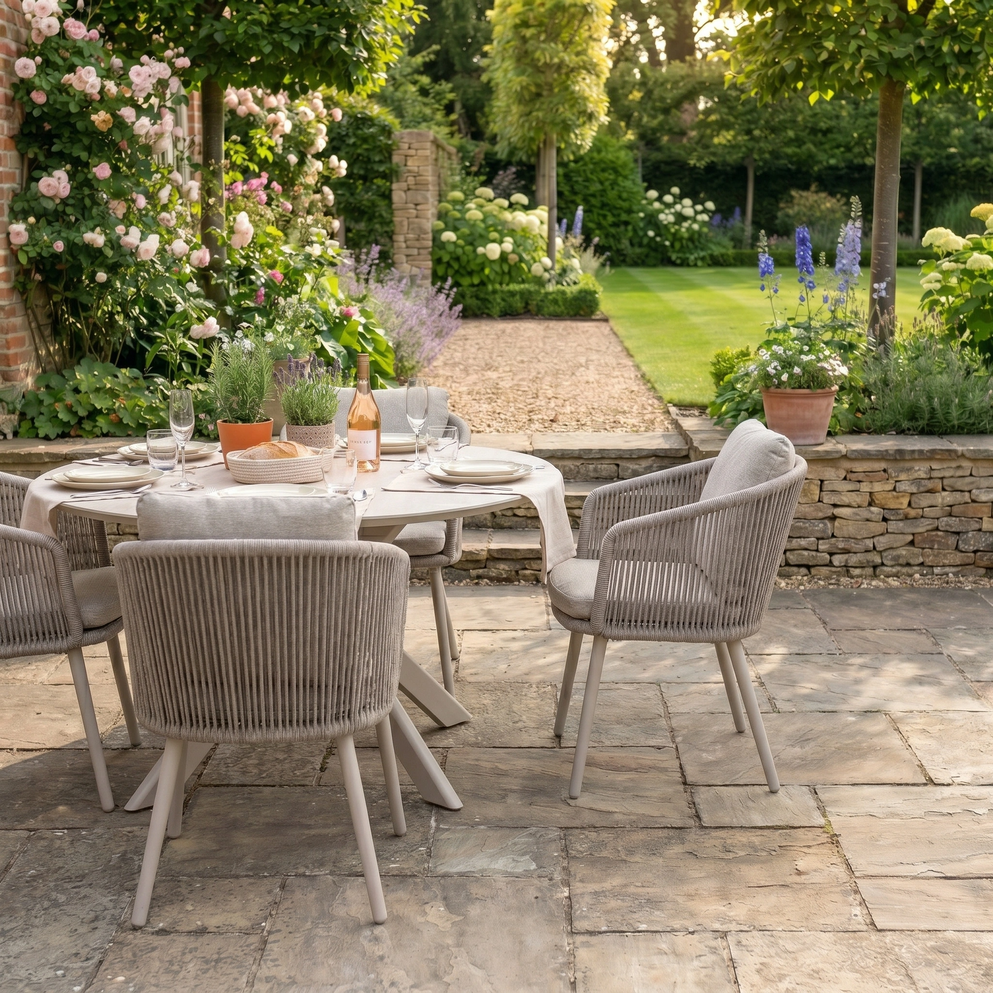 A sunny garden patio features the Dekota 4 Seat Round Rope Dining Set with Albatross Table in Fawn, arranged for dining and surrounded by blooming flowers and lush greenery.