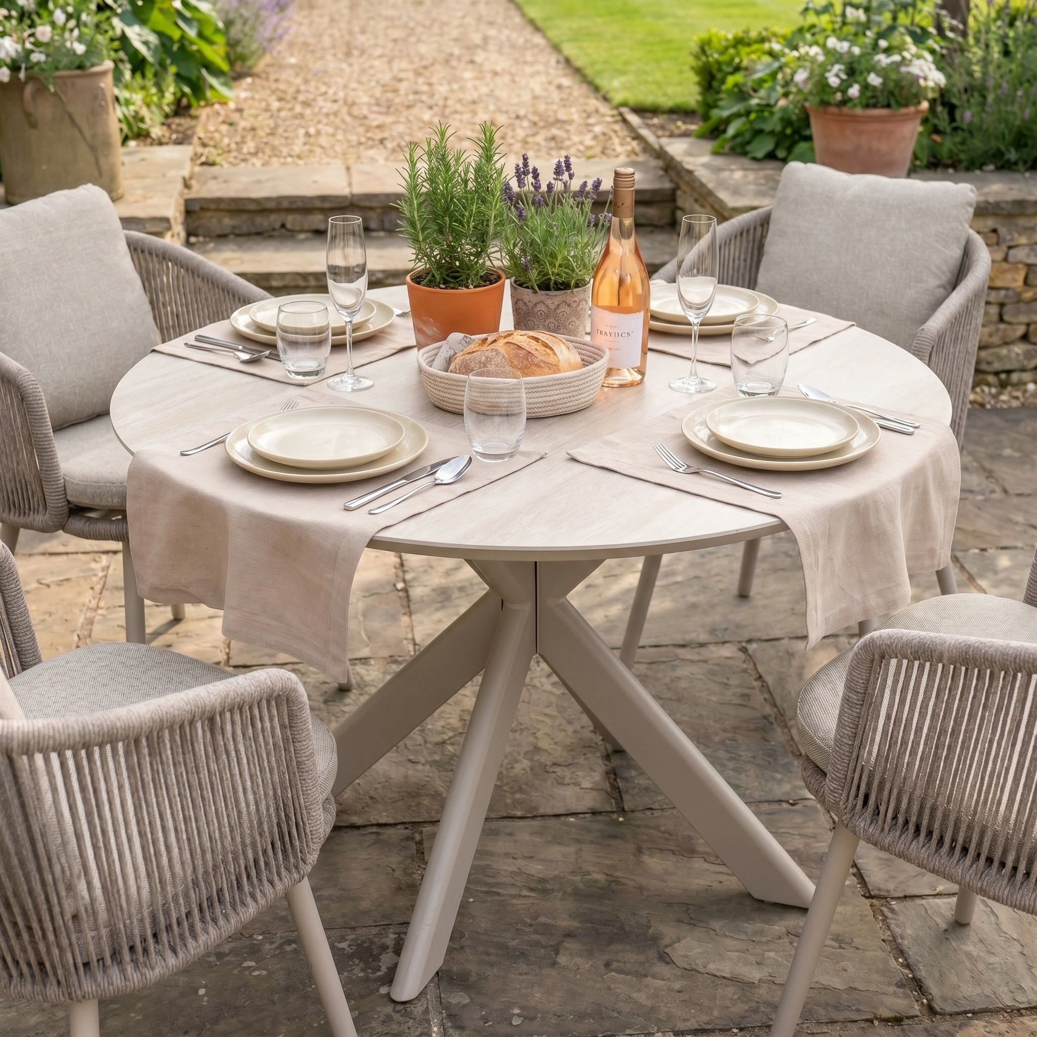 The Dekota 4 Seat Round Rope Dining Set with Albatross Table in Fawn is arranged for four with plates, glasses, bread, wine, and potted herbs—ideal for outdoor dining in a lush garden setting.
