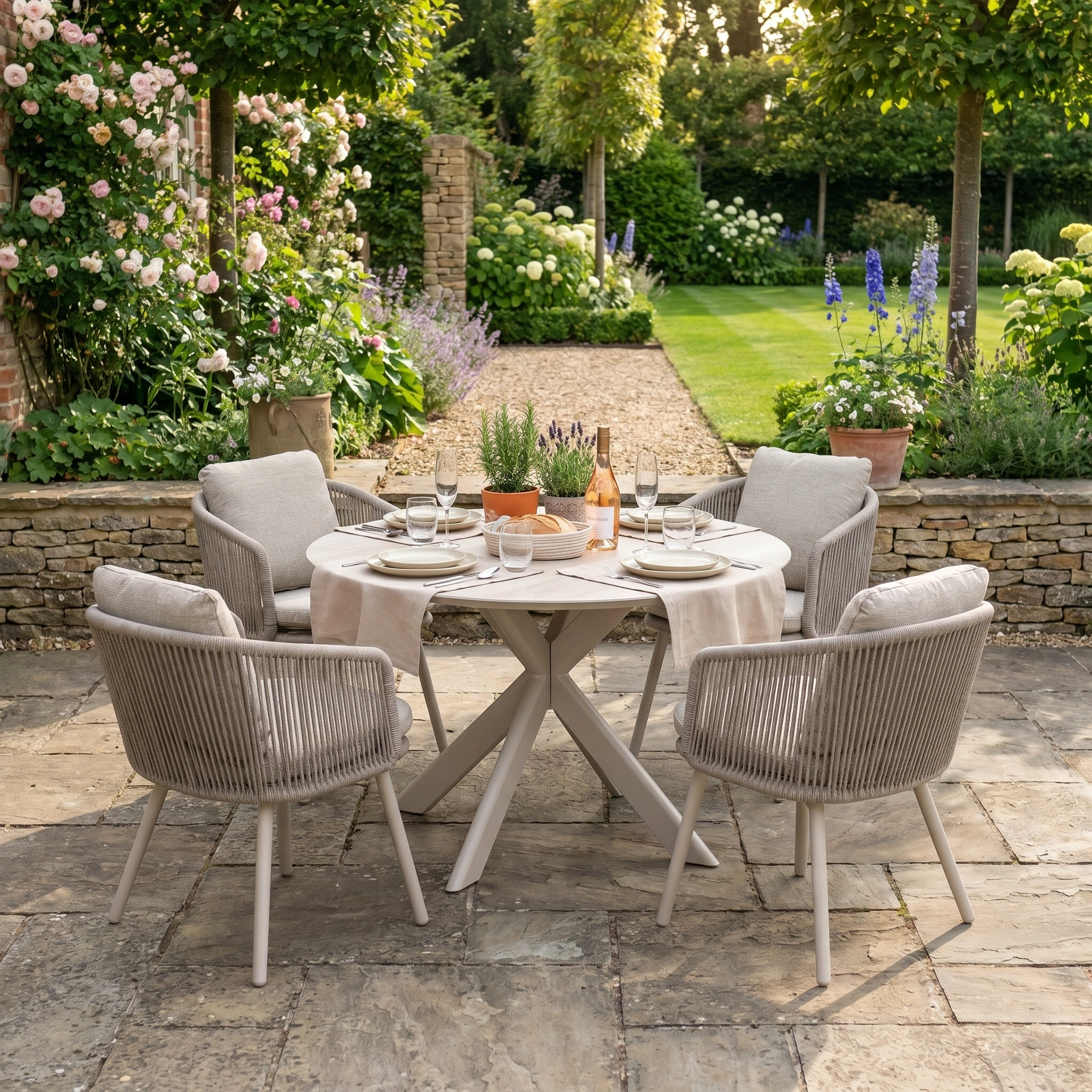 The Dekota 4 Seat Round Rope Dining Set with Albatross Table in Fawn is beautifully set for dining amid a lush garden with vibrant flowers.