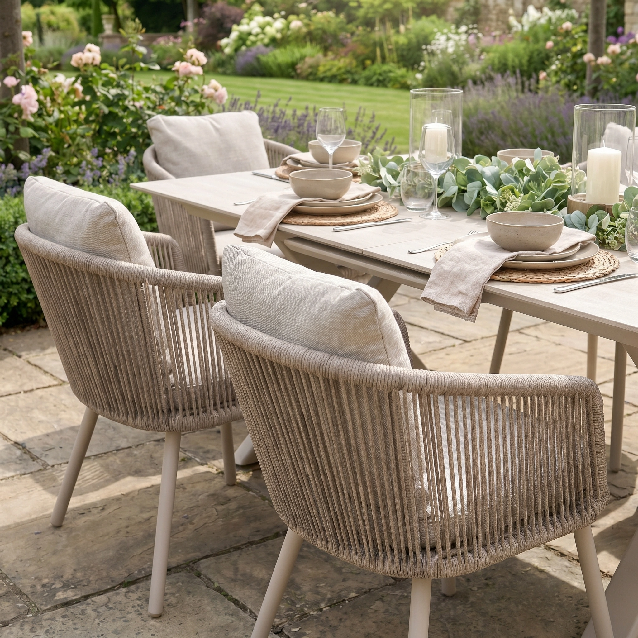 The Dekota 6 Seat Rope Dining Set with Albatross Extending Table in Fawn is ideal for relaxed alfresco dining, seating six comfortably—perfect for outdoor meals on a sunny patio.