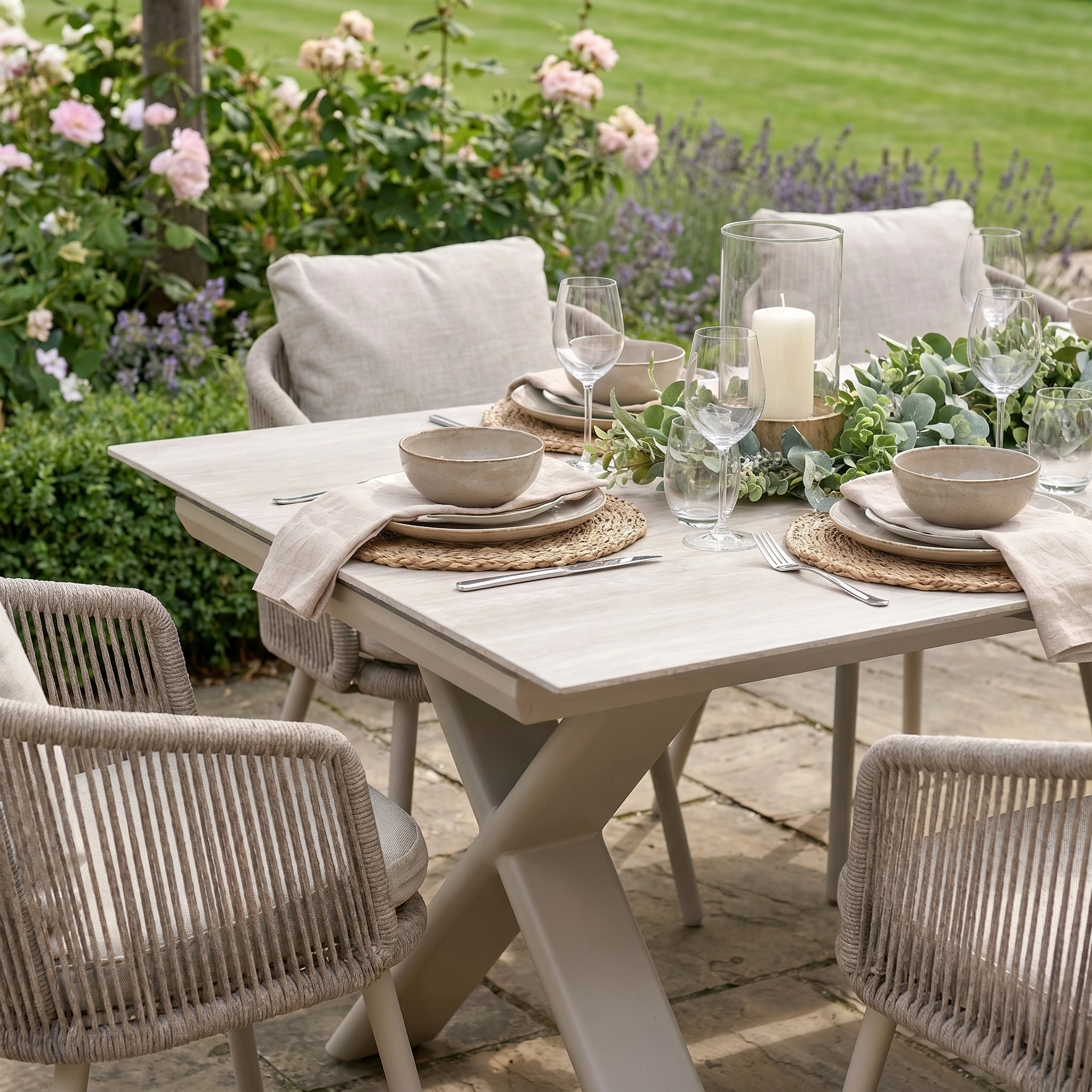 Dekota 6 Seat Rope Dining Set with Albatross Extending Table in Fawn, set for outdoor dining with neutral dishes, glasses, candles, greenery, and vibrant garden flowers.