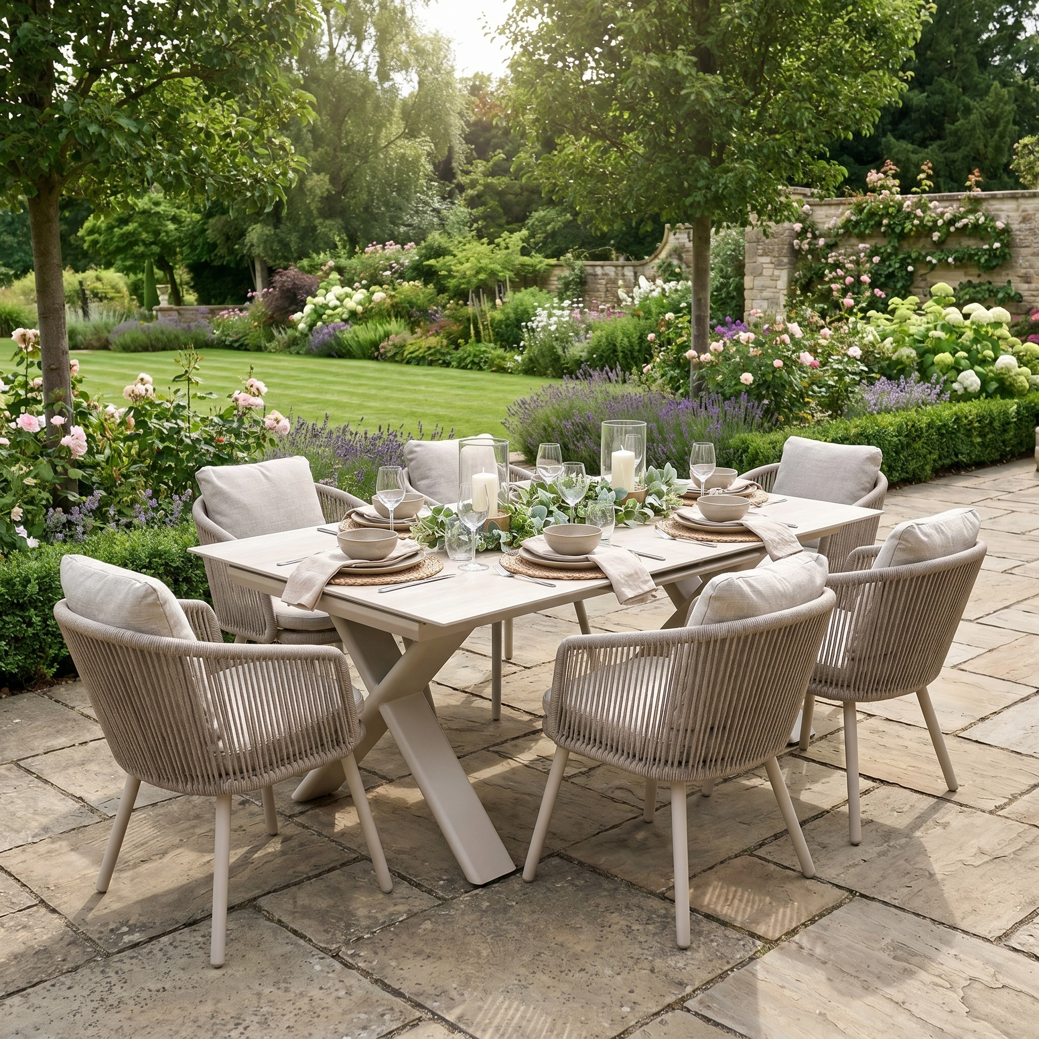 Dekota 6 Seat Rope Dining Set with Albatross Extending Table in Fawn, set for an outdoor meal on a patio.