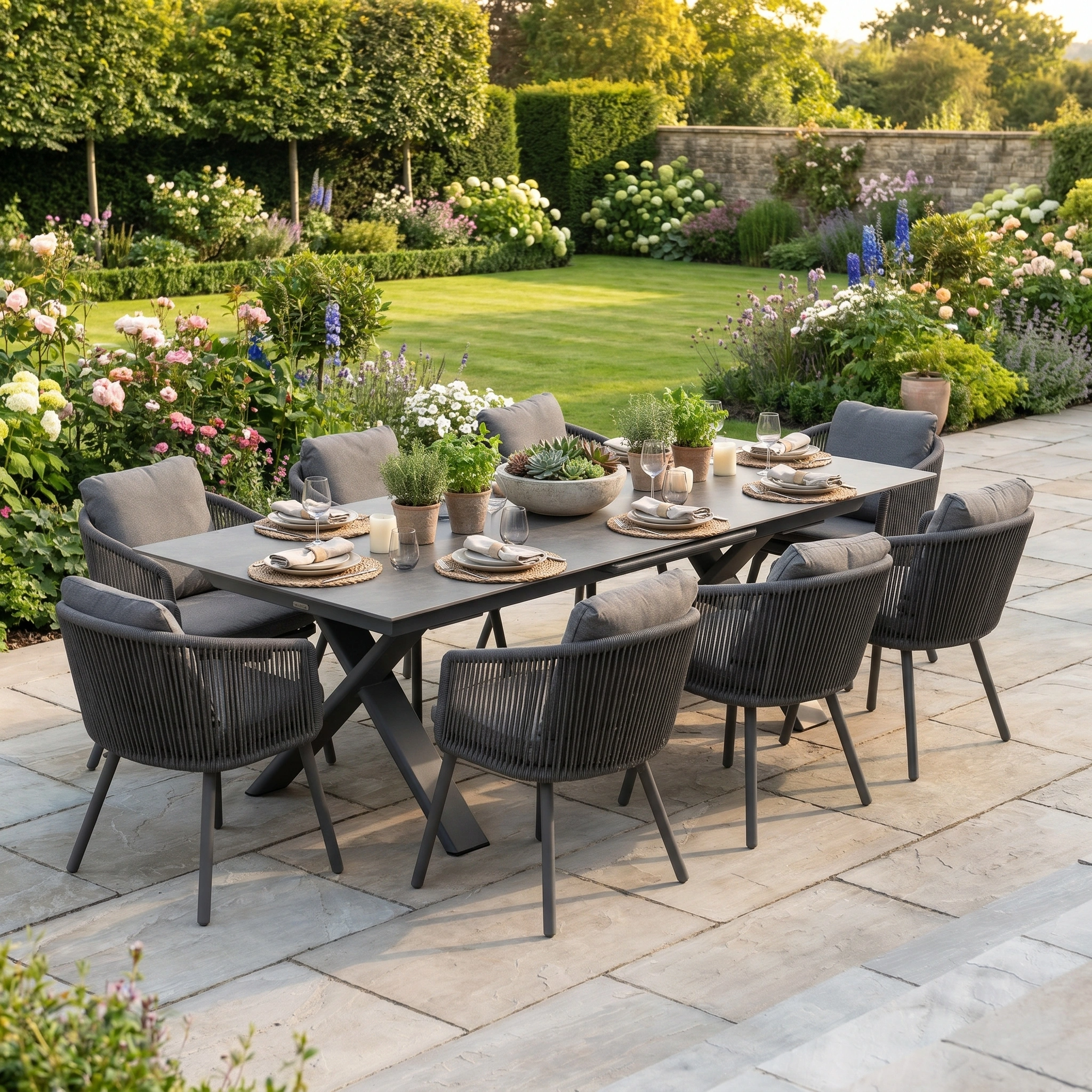 The Dekota 8 Seat Rope Dining Set with Albatross Extending Table in Charcoal provides stylish outdoor dining for eight on your patio, perfect for enjoying meals amid a lush garden with blooming flowers.