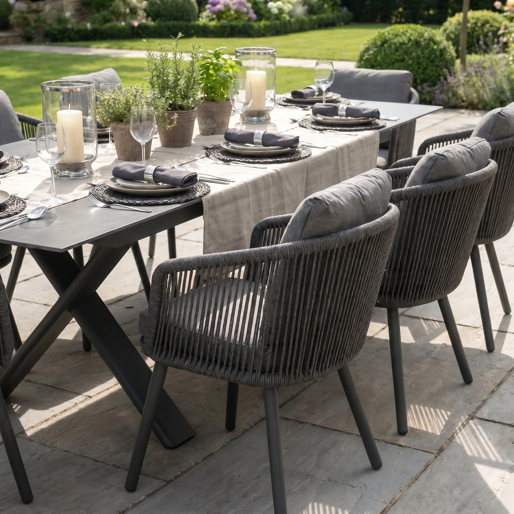 The Dekota 8 Seat Rope Dining Set with Albatross Extending Table in Charcoal, styled with gray chairs, candles, plants, and glassware, makes a welcoming garden dining arrangement.