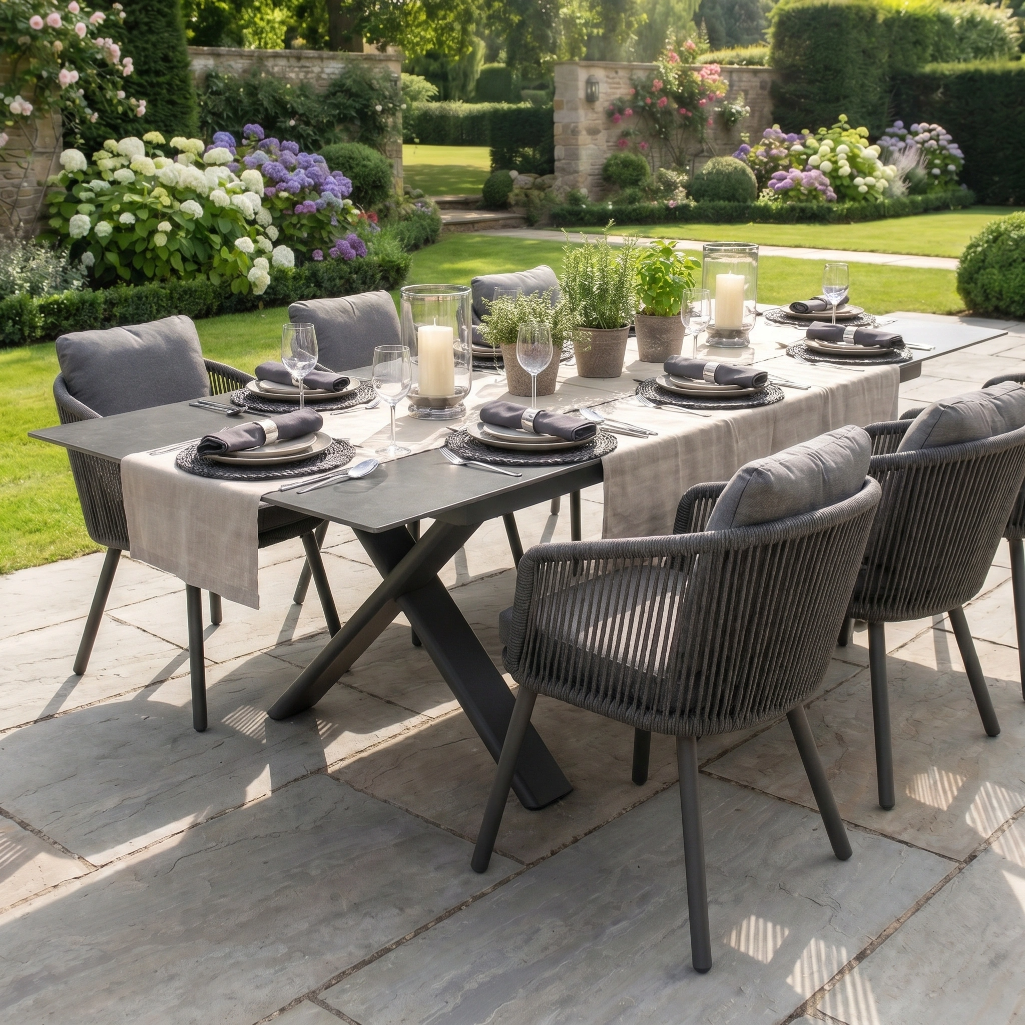The Dekota 8 Seat Rope Dining Set with Albatross Extending Table in Charcoal offers stylish outdoor dining for eight, featuring a modern aluminium design that brings comfort and elegance to your garden setting.