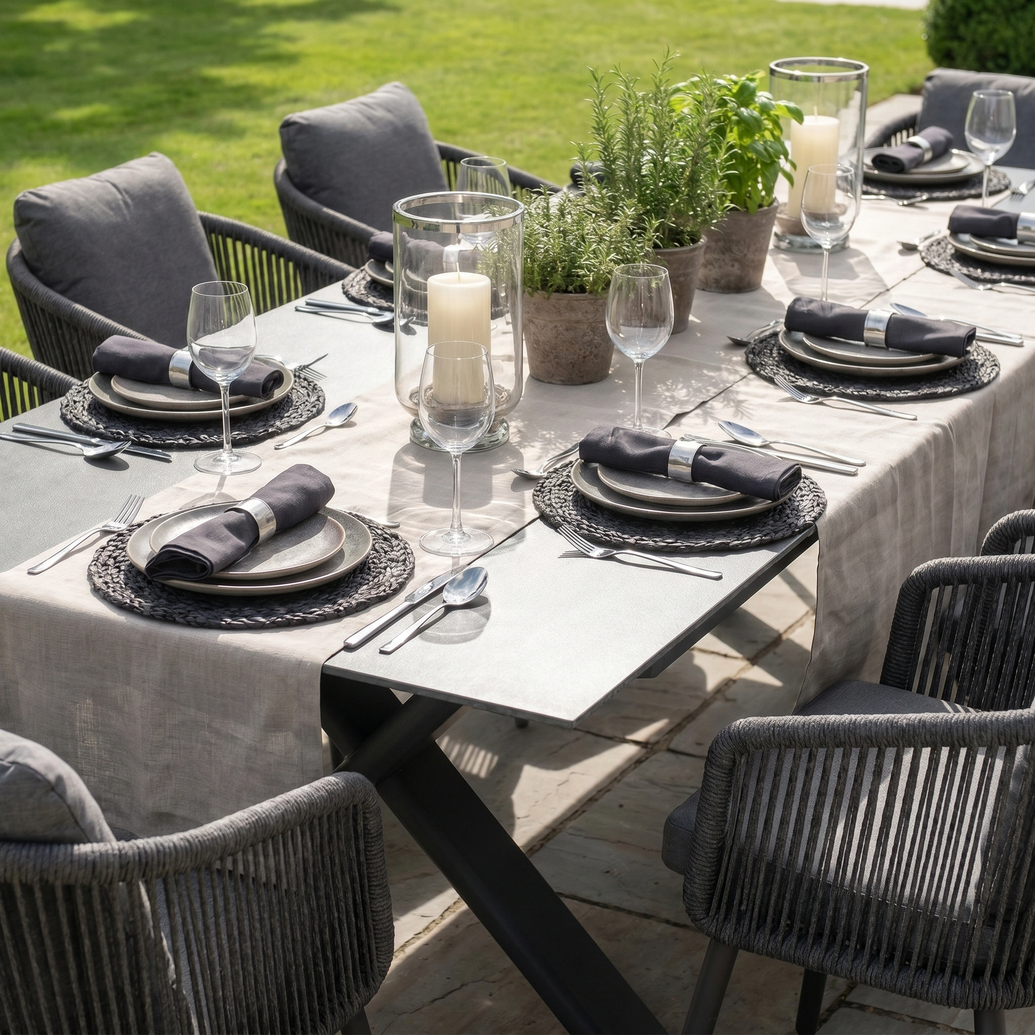 The Dekota 8 Seat Rope Dining Set with Albatross Extending Table in Charcoal, paired with gray chairs, glassware, and potted herbs, creates a stylish retreat on any sunny patio.