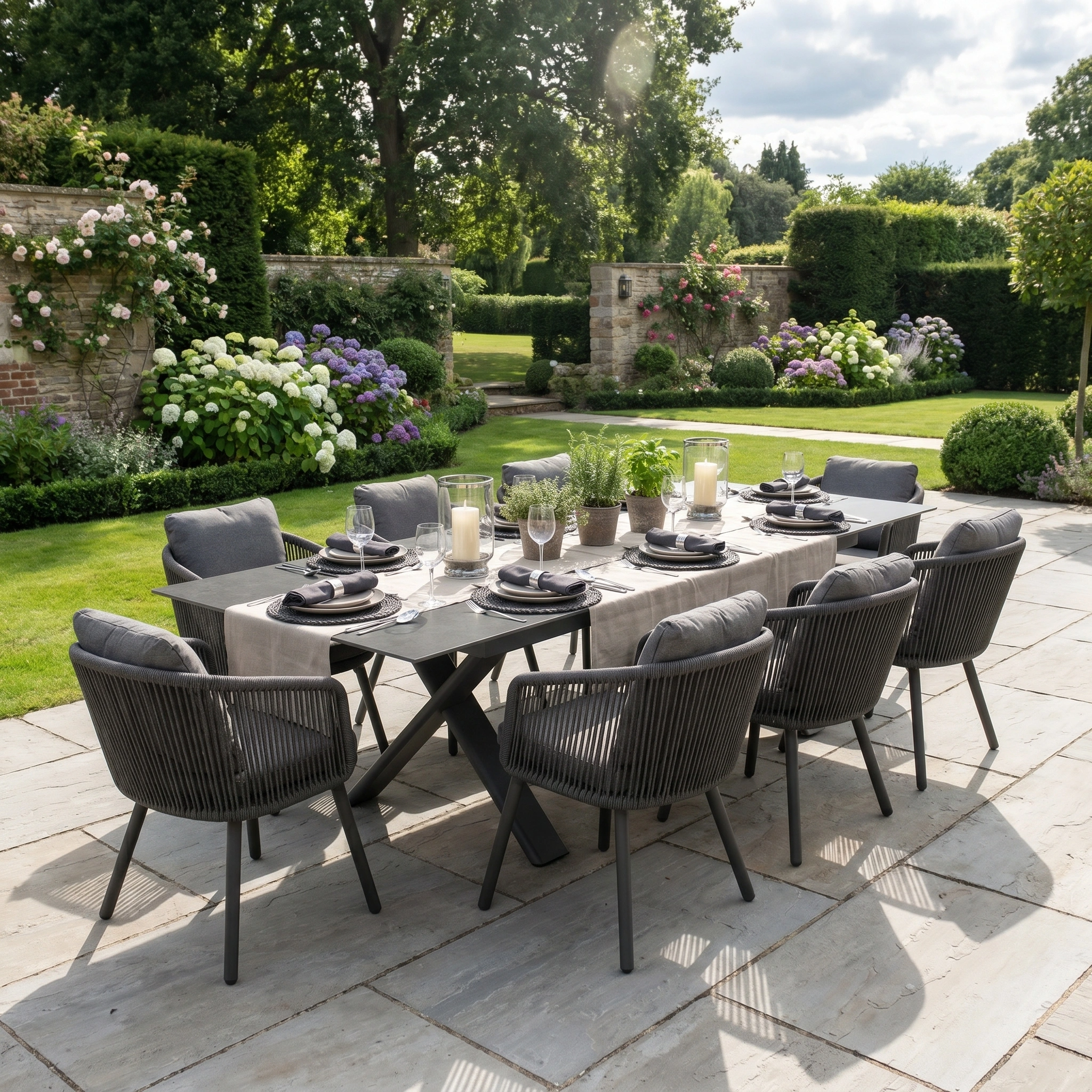 The Dekota 8 Seat Rope Dining Set with Albatross Extending Table in Charcoal is arranged on a patio in a lush garden, surrounded by flowers and greenery.