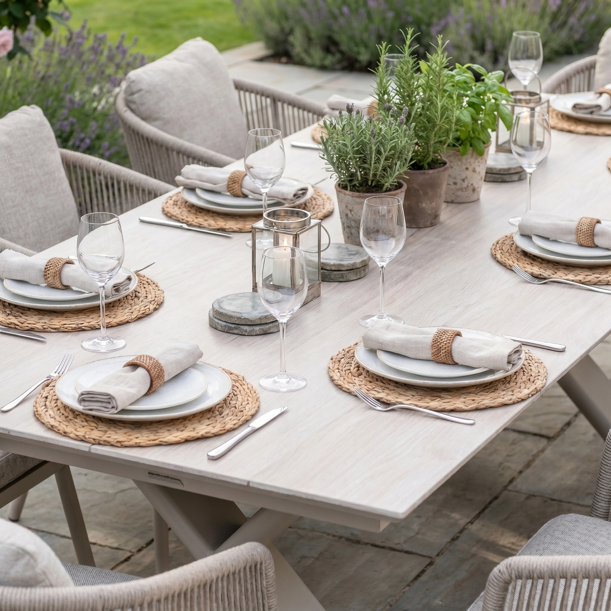 The Dekota 8 Seat Rope Dining Set with Albatross Extending Table in Fawn features scratch and UV-resistant aluminium for stylish, lasting outdoor dining—includes woven placemats, linen napkins, glassware, and potted herbs as a centerpiece.