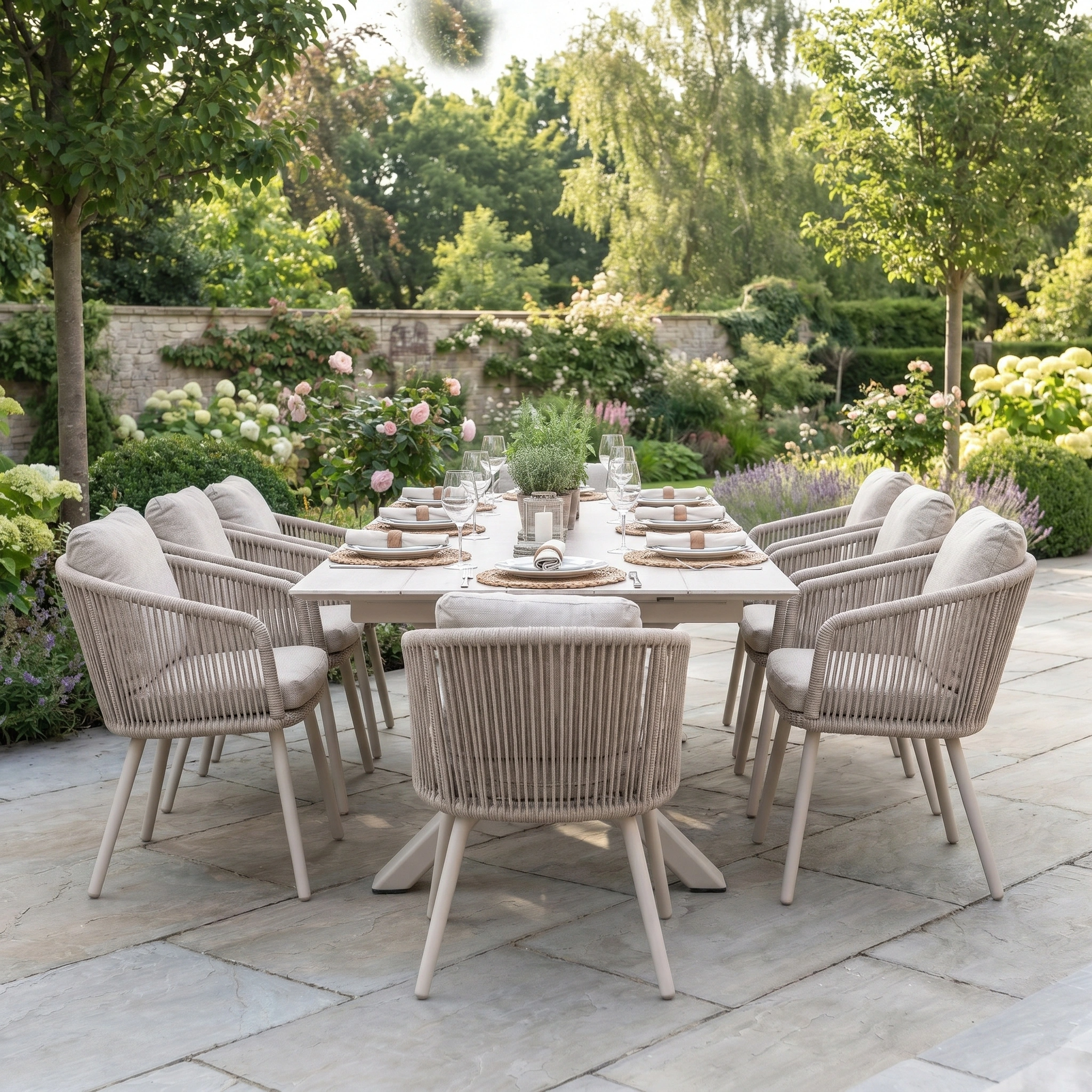 The Dekota 8 Seat Rope Dining Set with Albatross Extending Table in Fawn is stylish, seats eight, and is scratch and UV-resistant—perfect outdoor dining furniture for a lush garden surrounded by flowers and greenery.