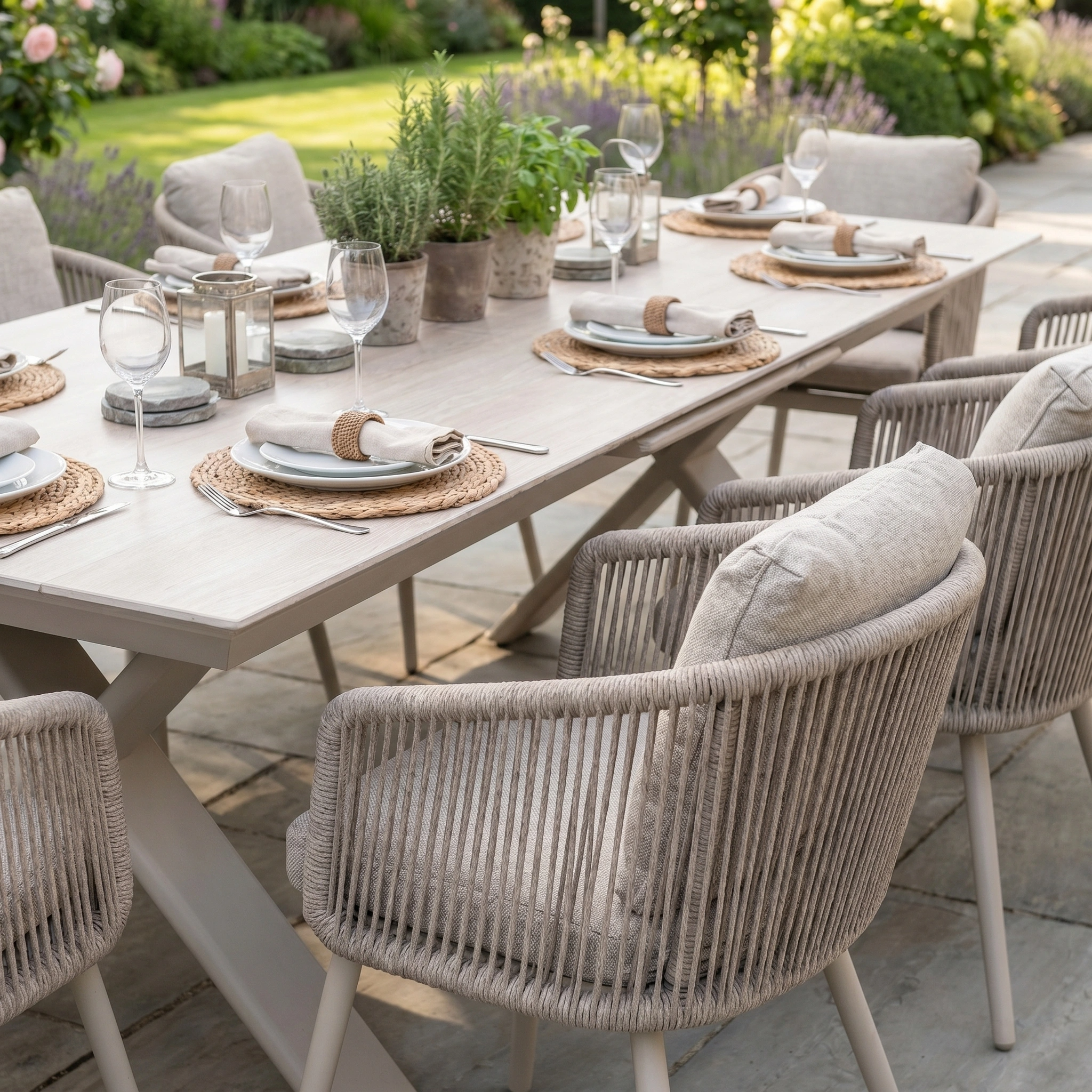 The Dekota 8 Seat Rope Dining Set with Albatross Extending Table in Fawn is a stylish outdoor dining set for eight, featuring scratch and UV-resistant materials for lasting elegance in your garden.
