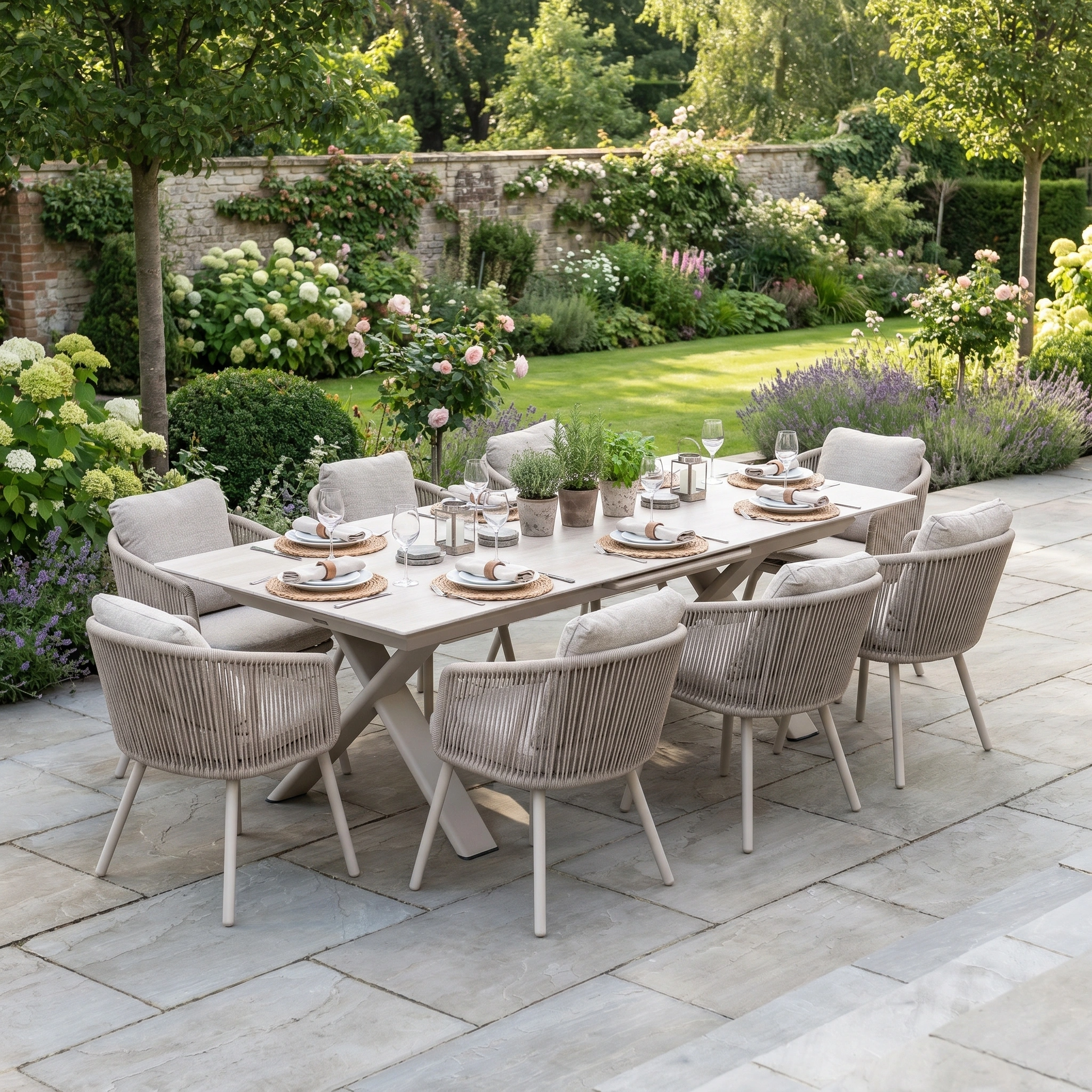 The Dekota 8 Seat Rope Dining Set with Albatross Extending Table in Fawn is set on a stone patio in a lush garden, offering scratch and UV-resistant outdoor dining furniture ideal for entertaining.
