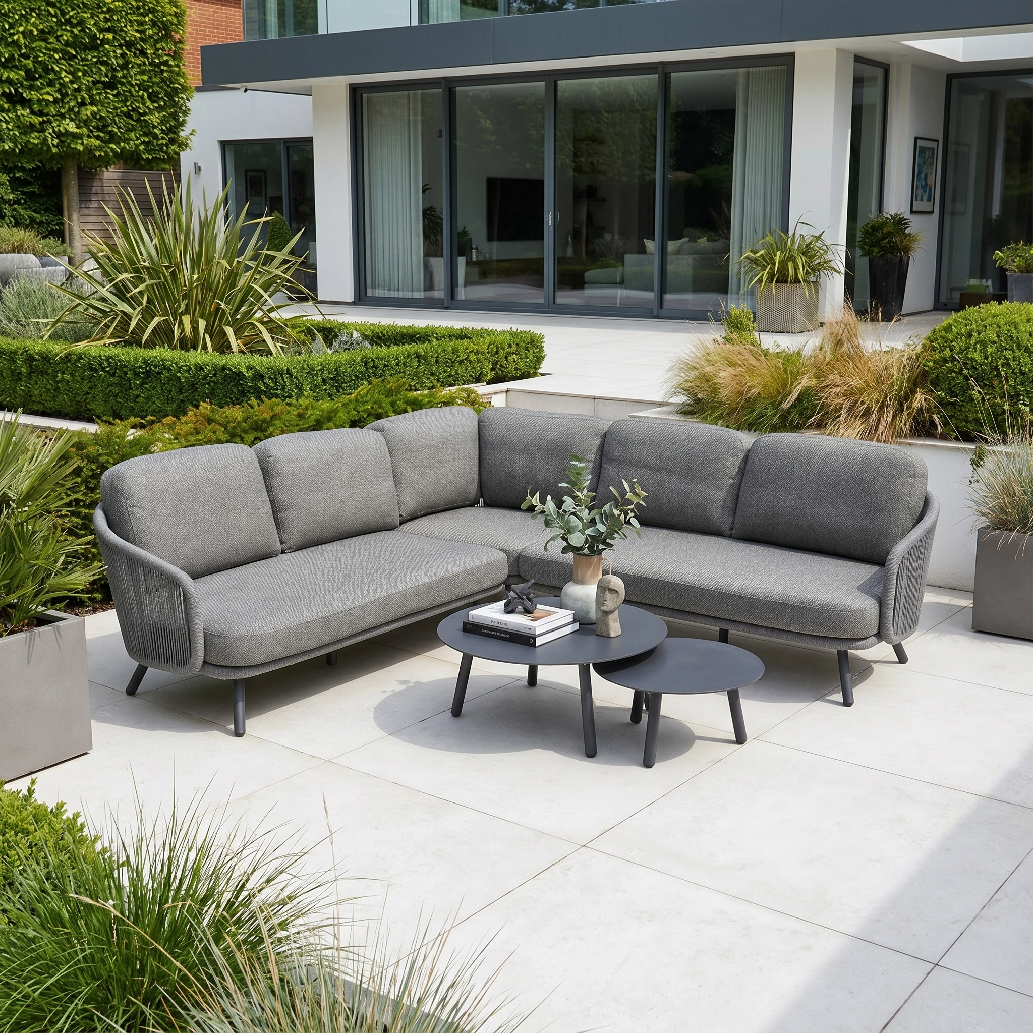 The Dekota Corner Sofa Set in Charcoal, complemented by two coffee tables, creates a stylish outdoor retreat on a tiled patio bordered by greenery and a modern home.