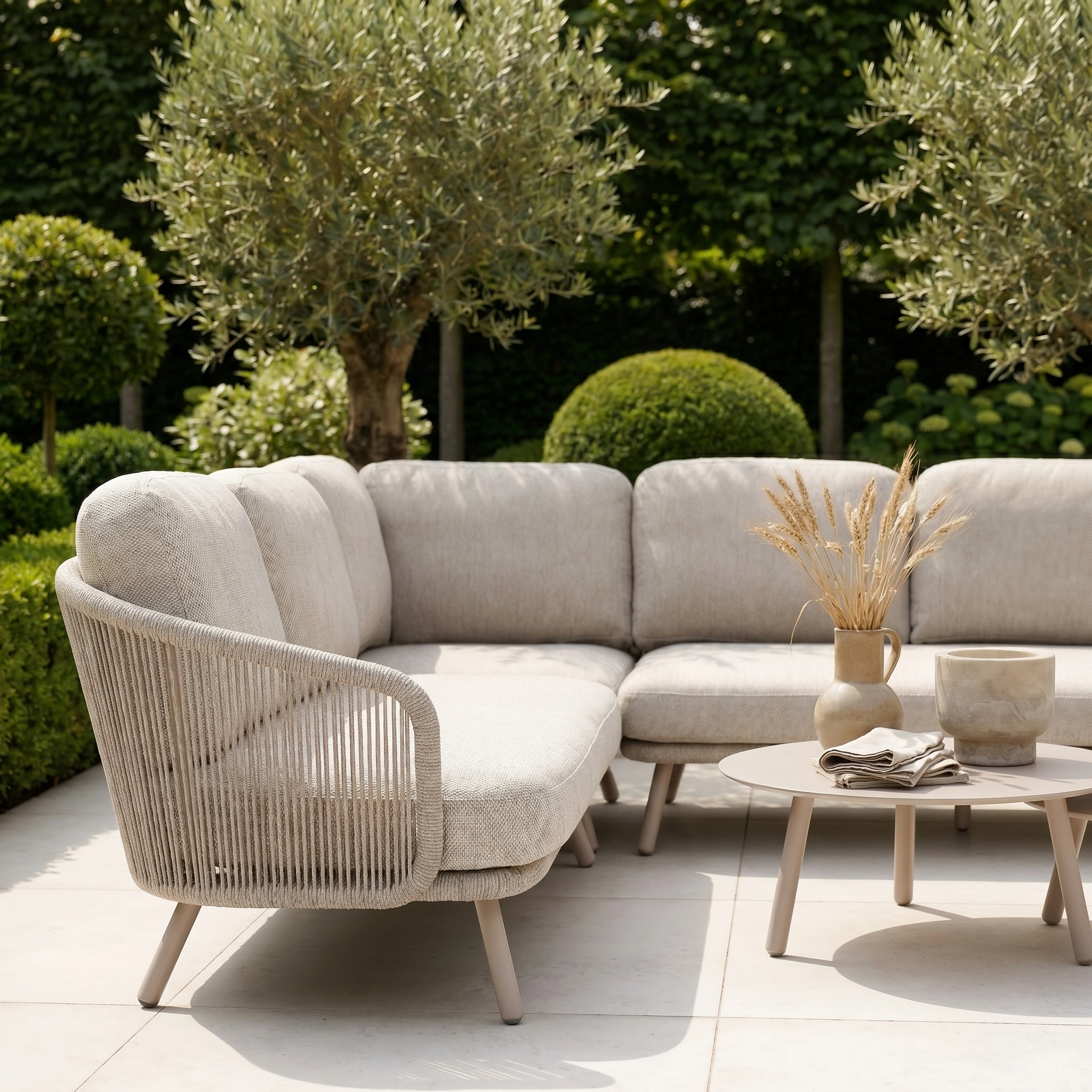Dekota Corner Sofa Set in Fawn with hydrophobic rope weave, a round coffee table, and vase, arranged on a patio amidst lush greenery for stylish outdoor living.