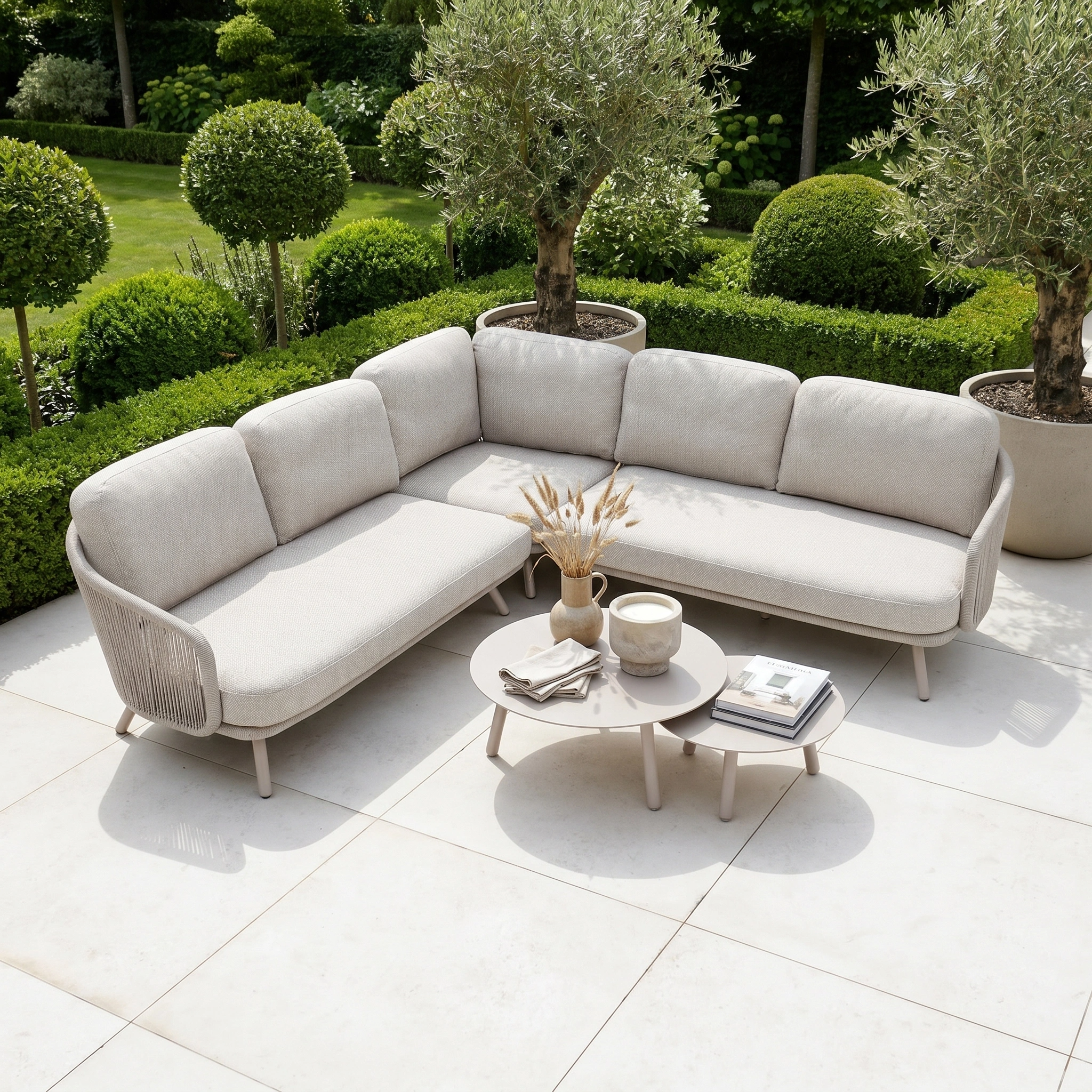 Dekota Corner Sofa Set in Fawn with hydrophobic rope weave and round coffee table on a tiled patio, surrounded by lush green garden plants—perfect stylish outdoor furniture for relaxing.