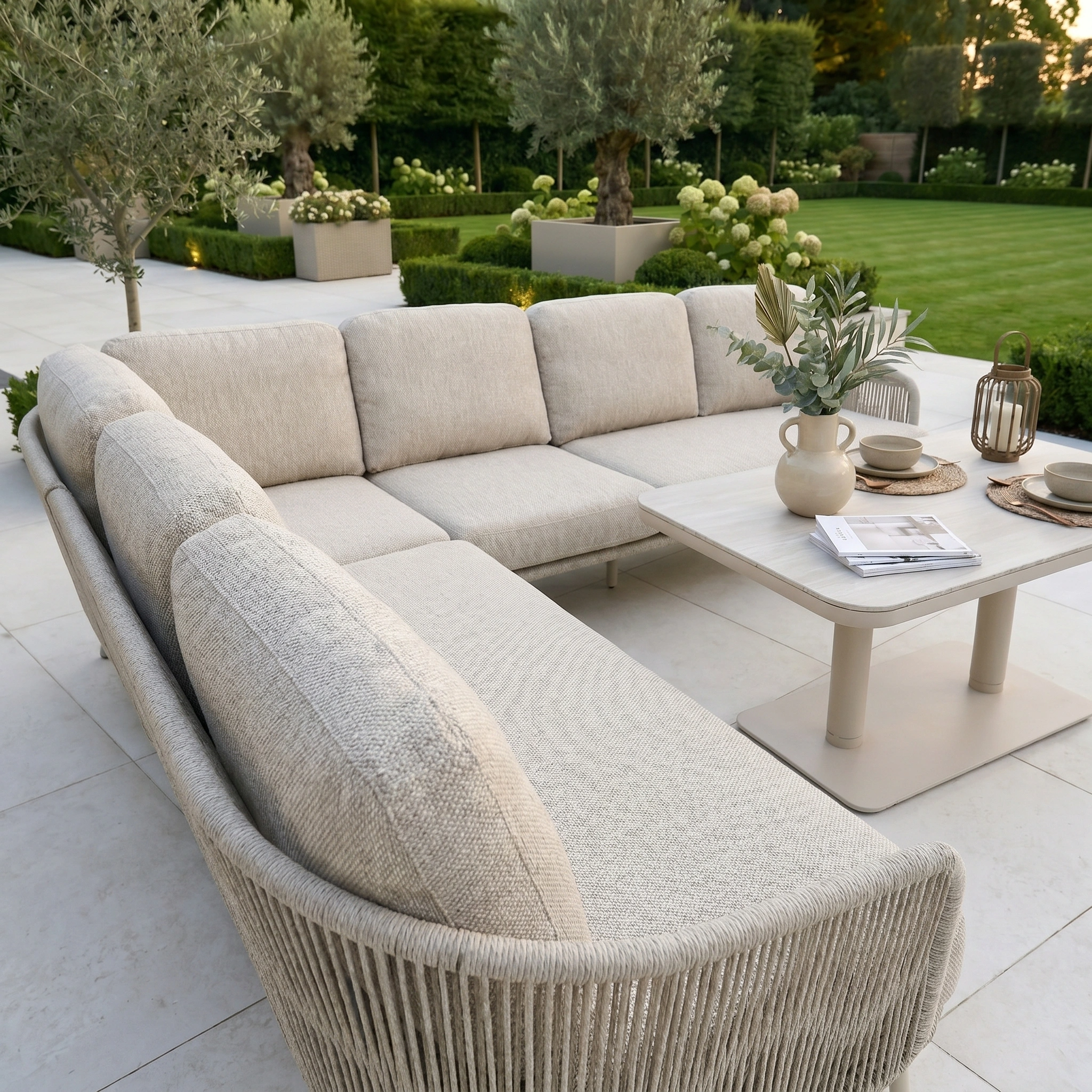 Outdoor patio featuring the Dekota Large Corner Sofa Dining Set with Altura Rising Table in Fawn, complemented by greenery in a well-manicured garden setting.