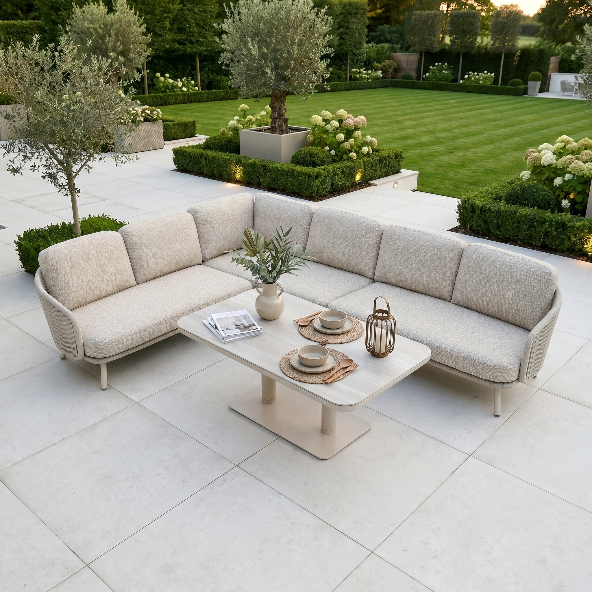 Modern outdoor patio featuring the Dekota Large Corner Sofa Dining Set with Altura Rising Table in Fawn and a lush green garden in the background.