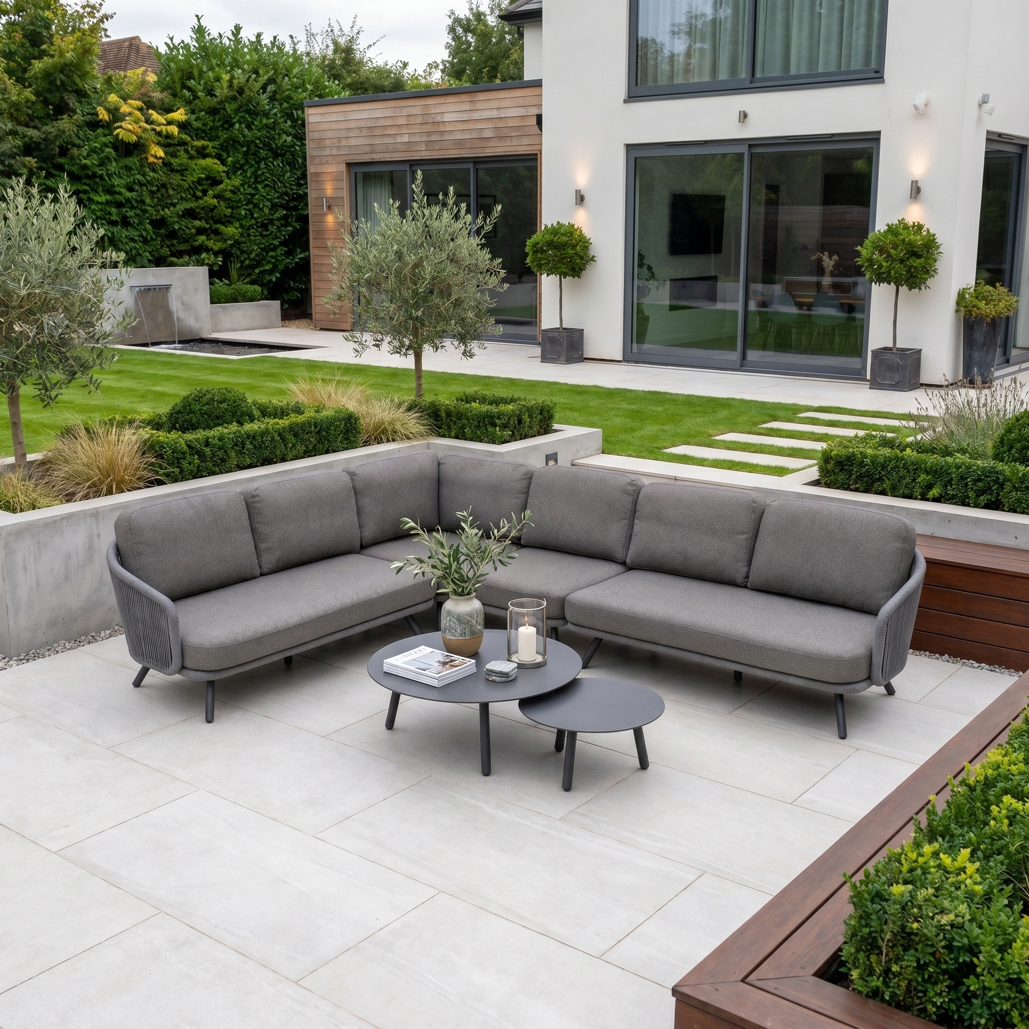 Modern outdoor patio featuring the Dekota Large Corner Sofa Set in Charcoal, paired with round tables, lush plants, and a landscaped garden—ideal for relaxing in style.